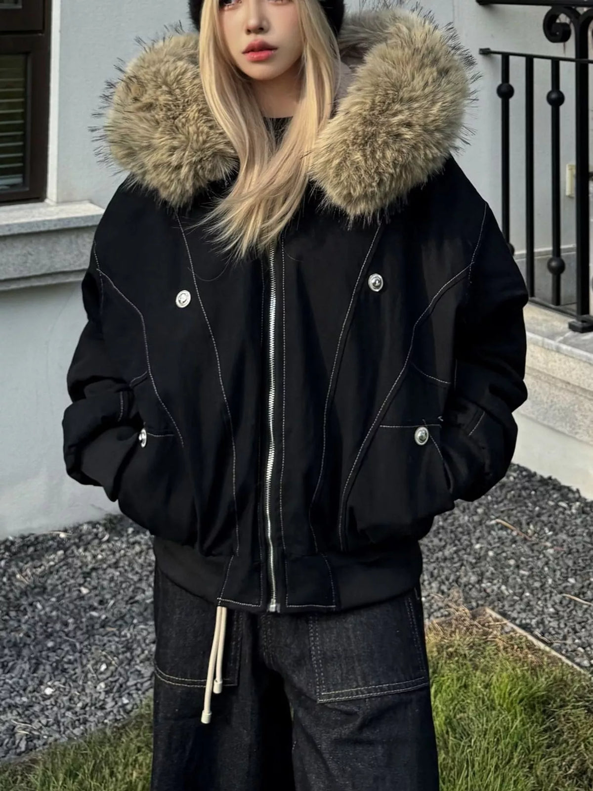 Faux Fur Lined Hooded Zip Up Jacket in black with beige trim