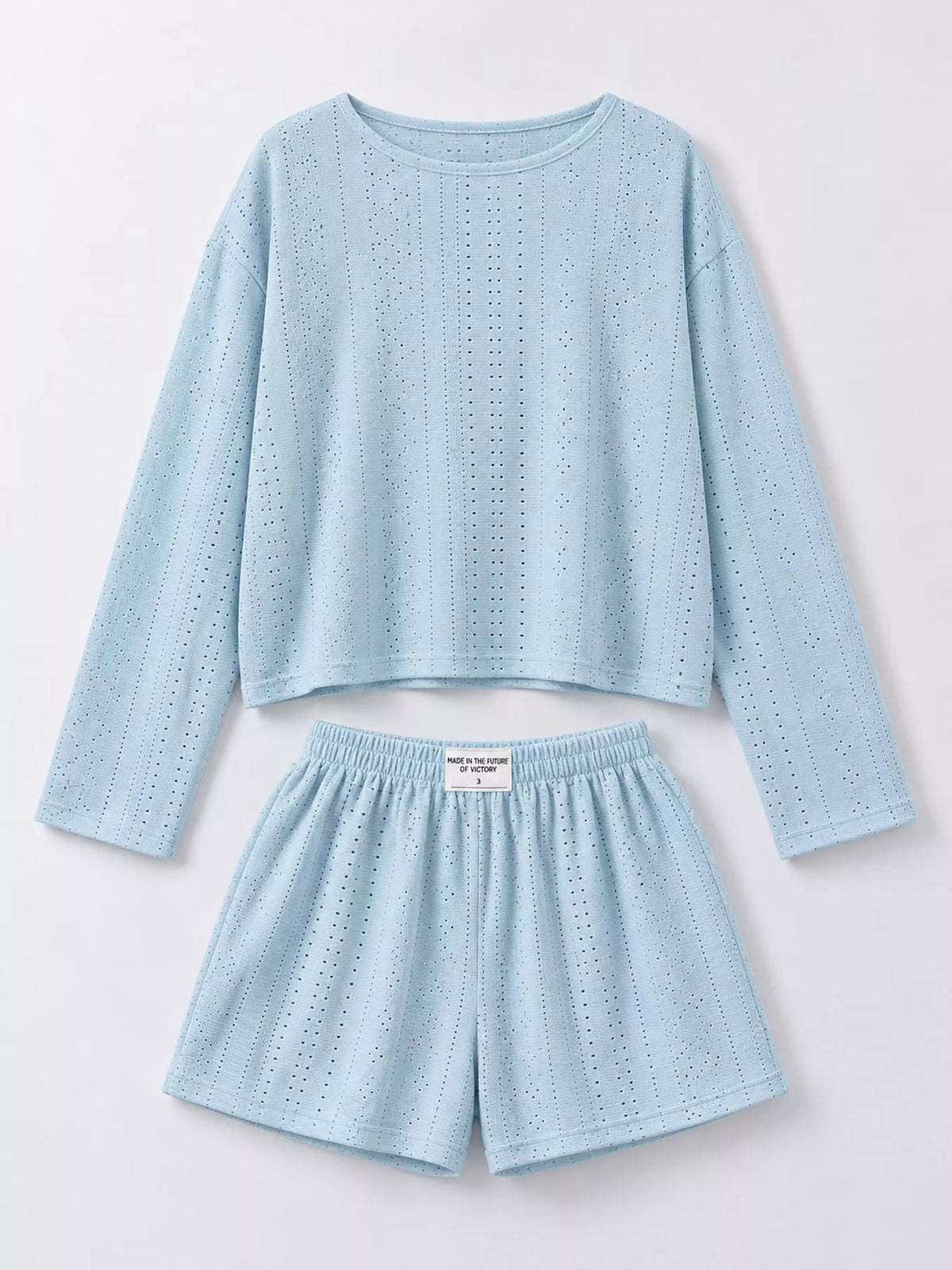 Eyelet Long Sleeve Top and Shorts Lounge Set in light blue