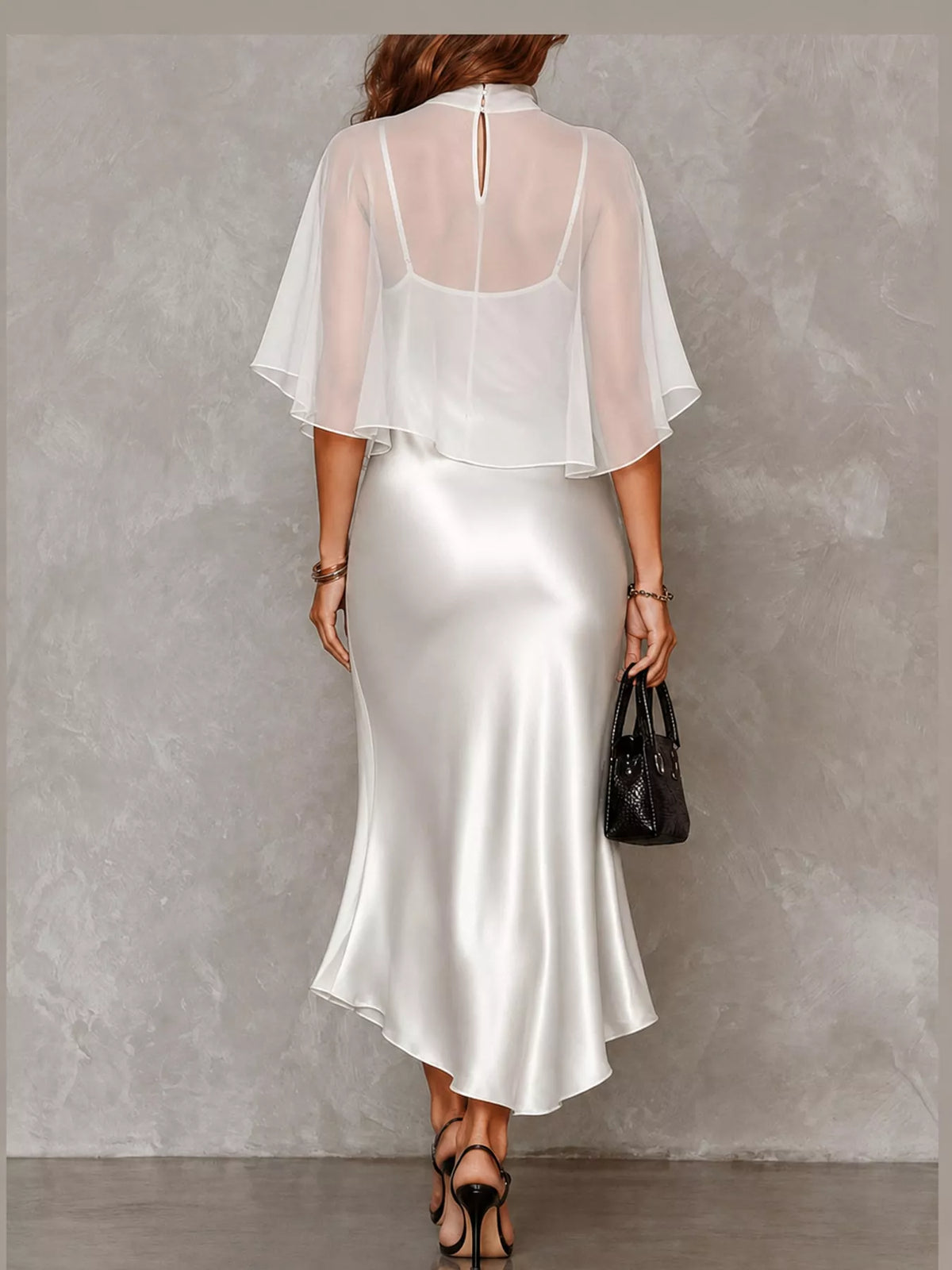 White satin cami dress and sheer cover up set — back view