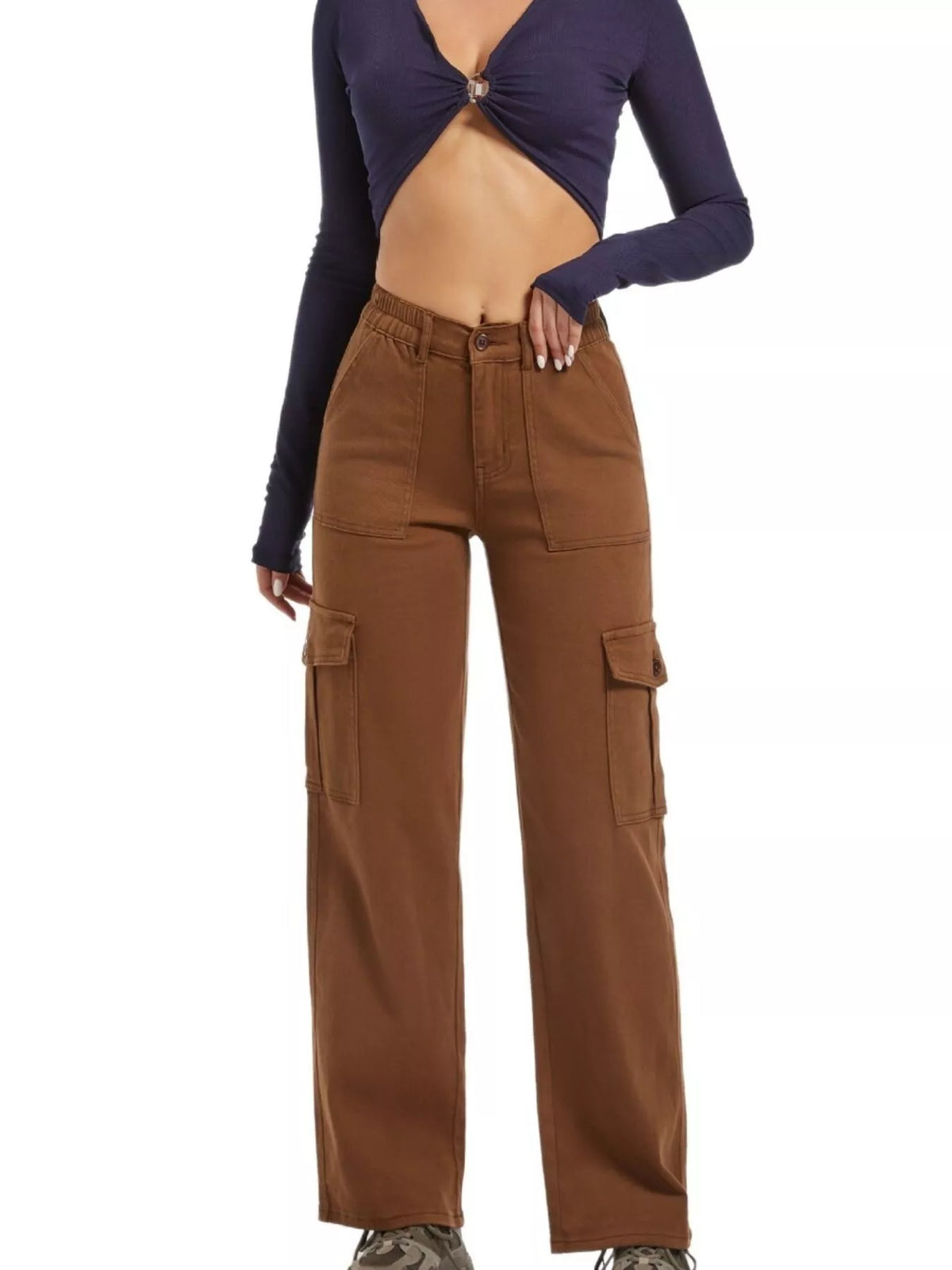 Brown wide-leg cargo jeans, front view with hands at waist