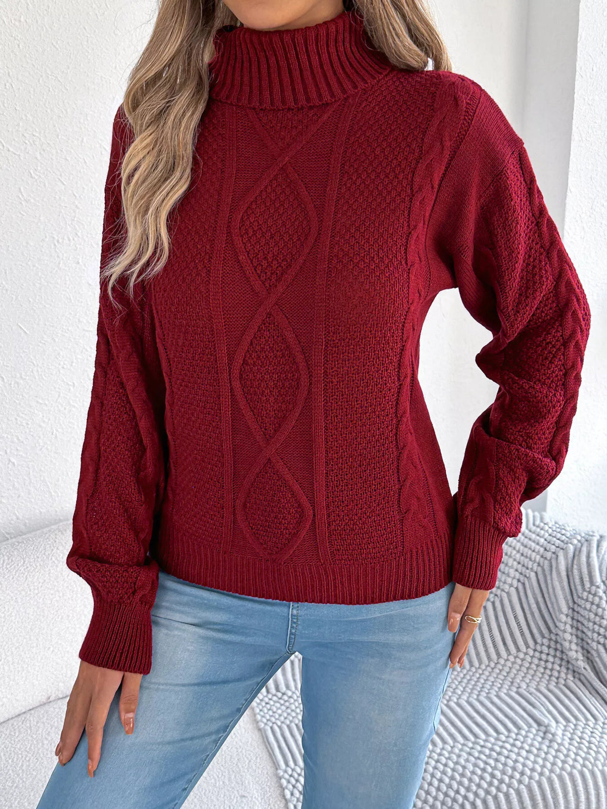 Burgundy cable knit turtleneck sweater