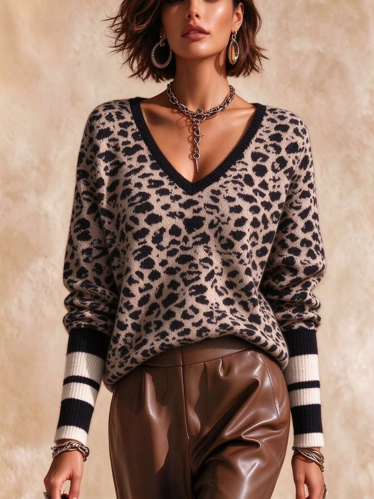 Women's Leopard V-Neck Sweater with Striped Cuffs in black leopard — front view