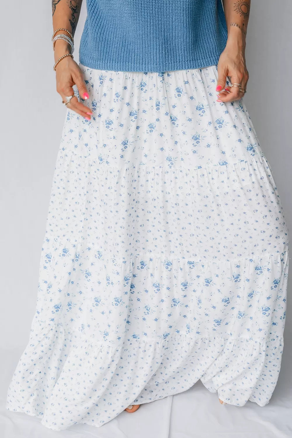 Trendsi High Waist Tiny Floral Print Boho Maxi Skirt -
