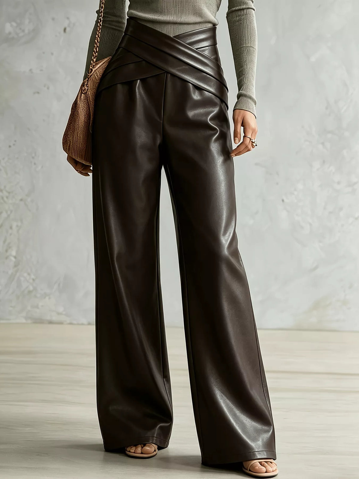Brown Crisscross-Waist Wide-Leg Pull-On Pants front view