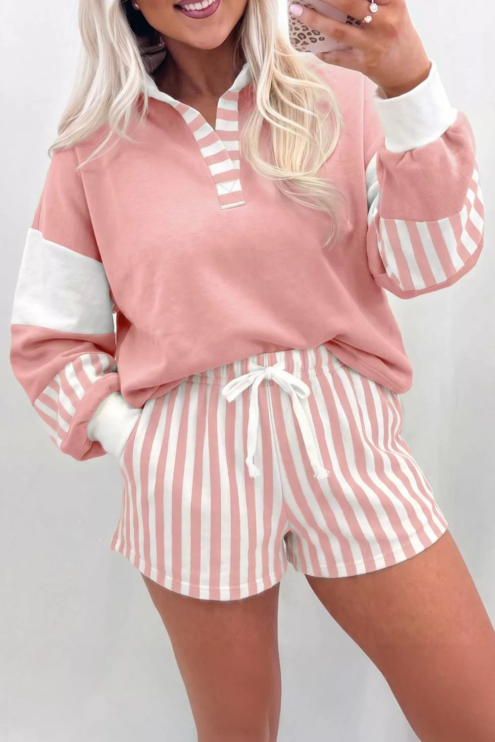 Trendsi Color Block Polo Shirt and Drawstring Striped Shorts Set -