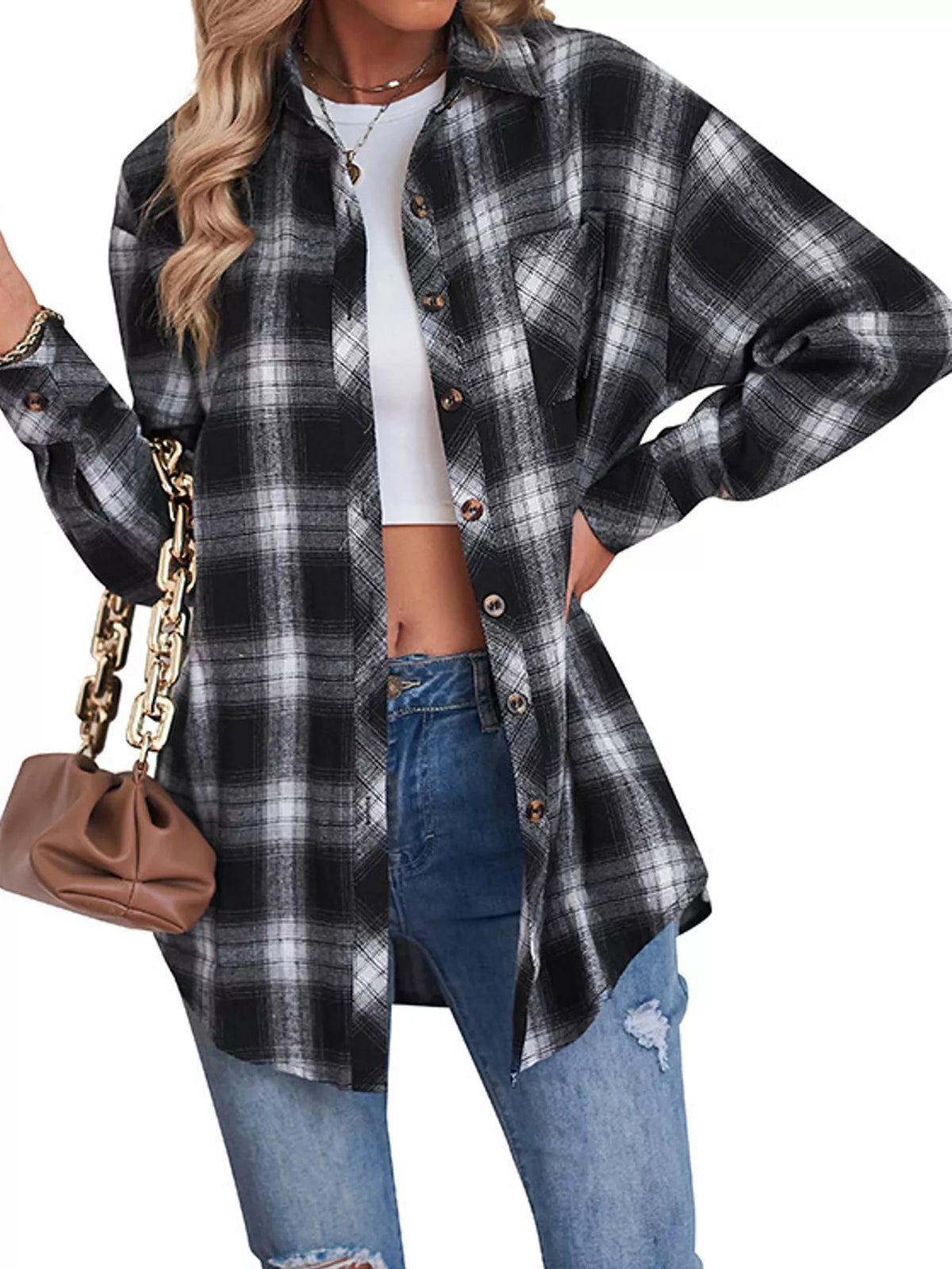 Oversized plaid shirt, black plaid open angled front