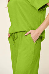 Trendsi Double Take Full Size Texture Round Neck Short Sleeve T-Shirt and Wide Leg Pants -