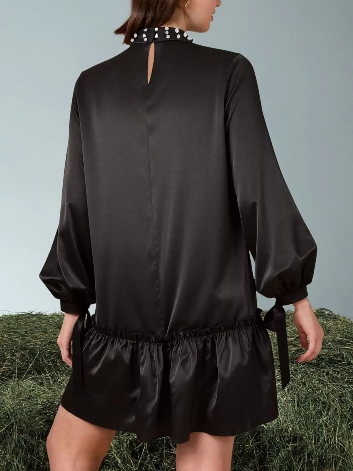 Pearl-trim mini dress, black back