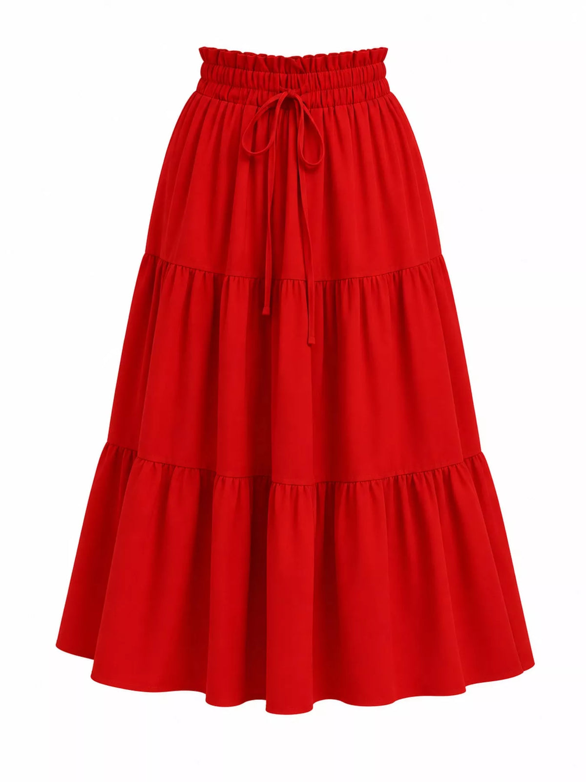 Red drawstring tiered skirt — front view
