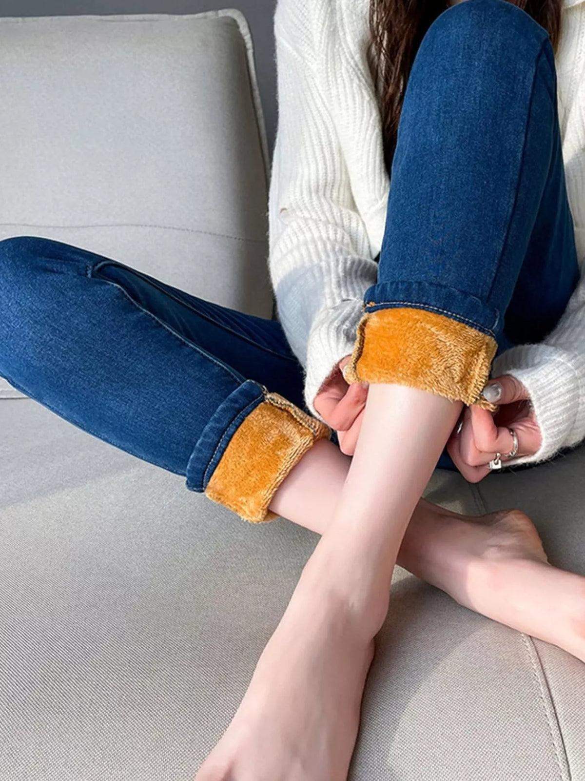 High-Waisted Slim-Fit Stretch Fleece Jeans — construction details
