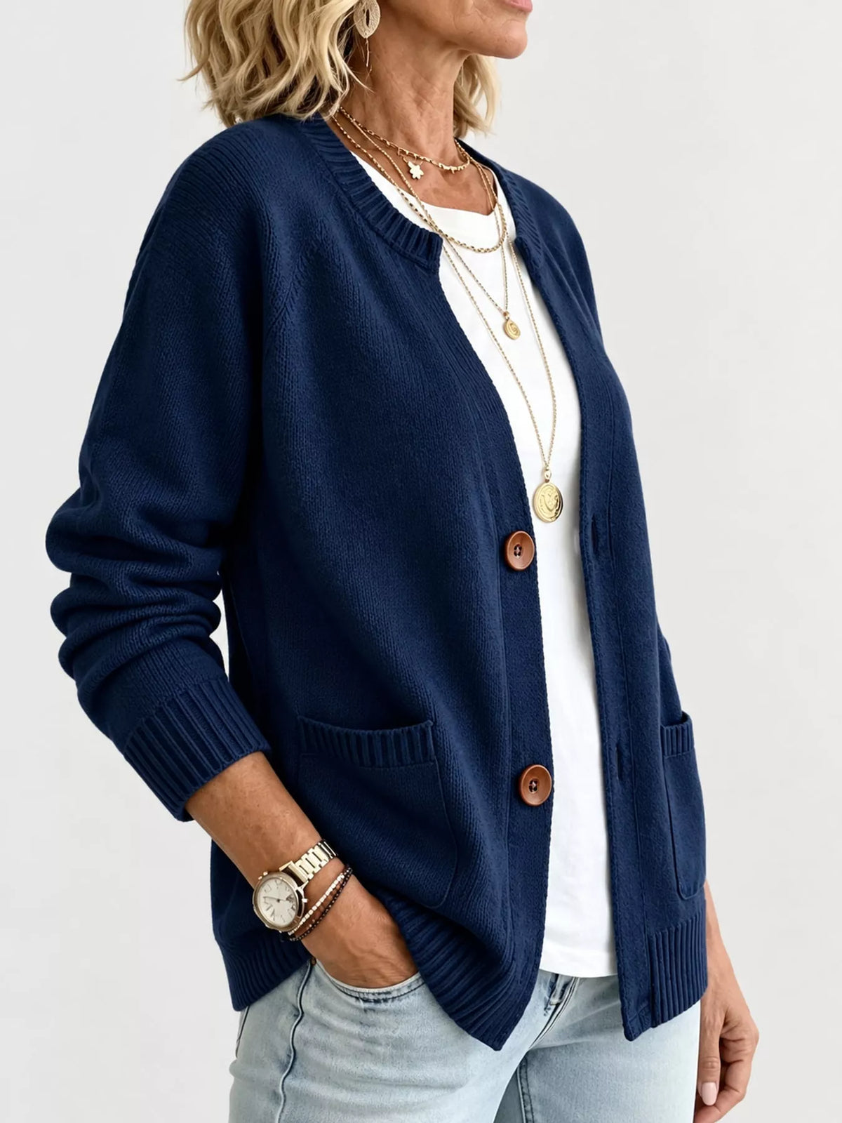 Women's Button-Down Knit Cardigan in navy — side view