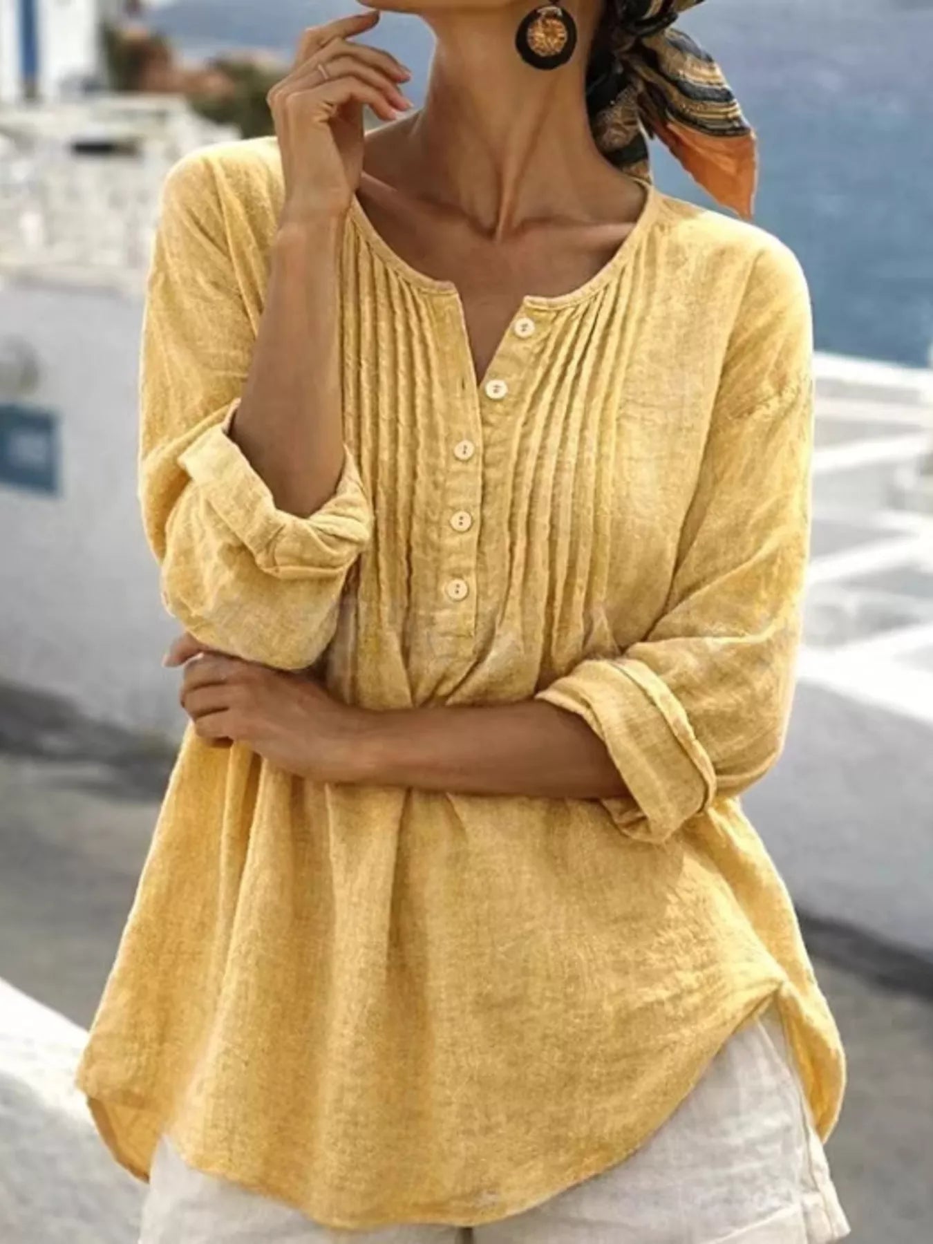 Trendsi Casual Button Detail Long Sleeve Linen Shirt -