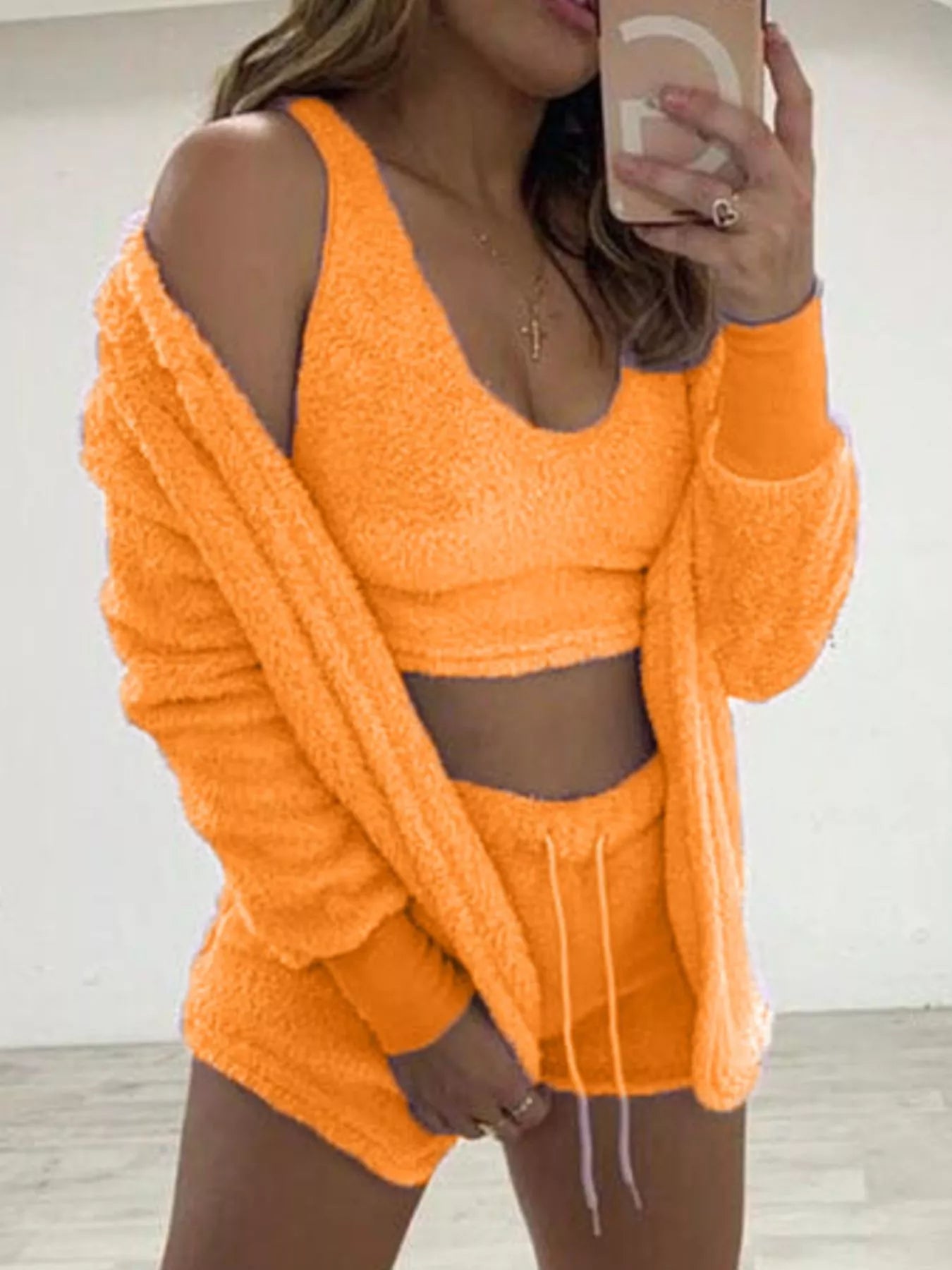 Trendsi Full Size Fuzzy Tank & Cardigan and Shorts Three-Piece Set Plus Size -