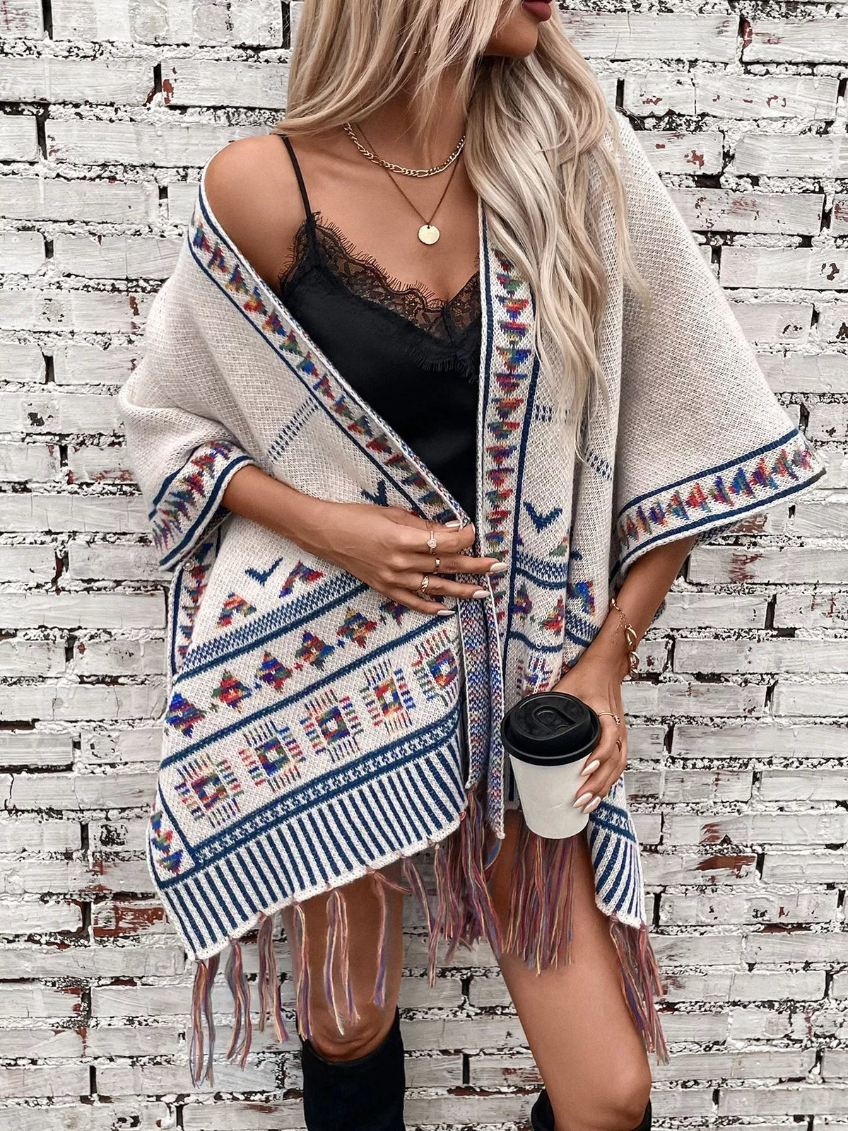 poncho, front view on model