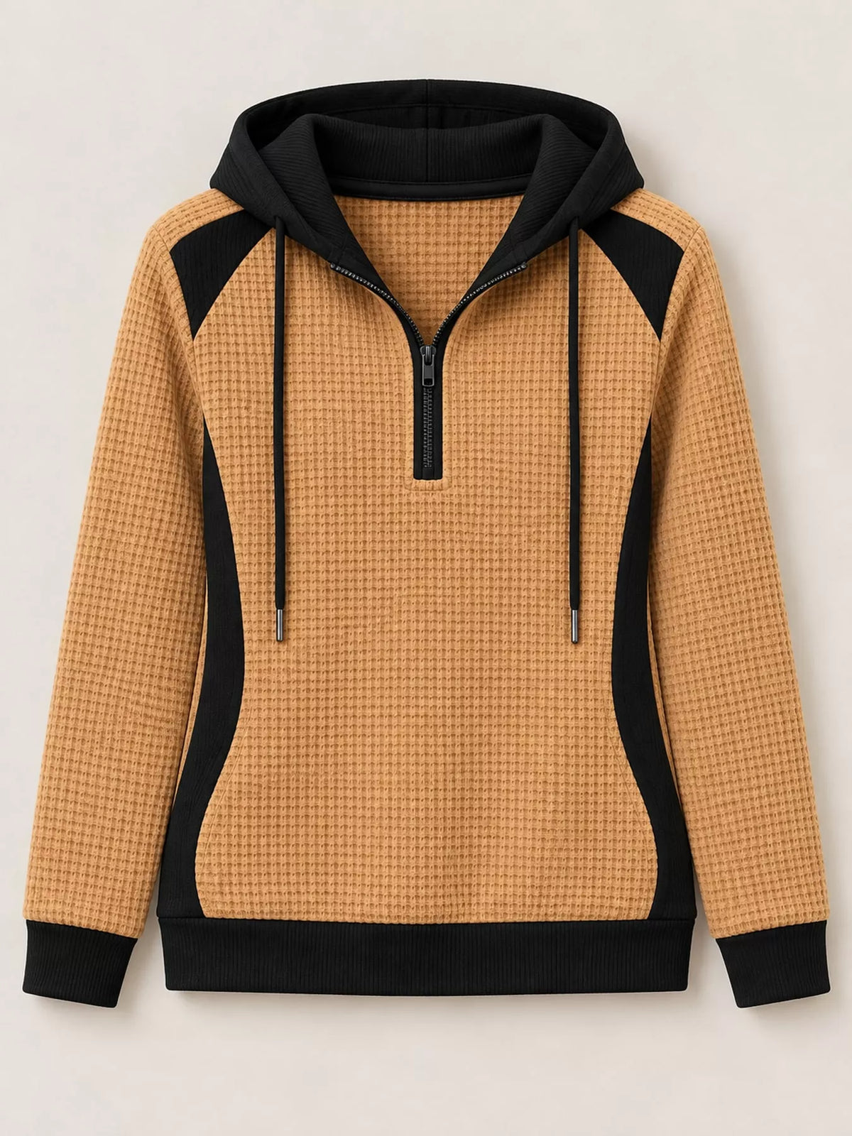 Color-Block Waffle Knit Quarter-Zip Hoodie — garment front