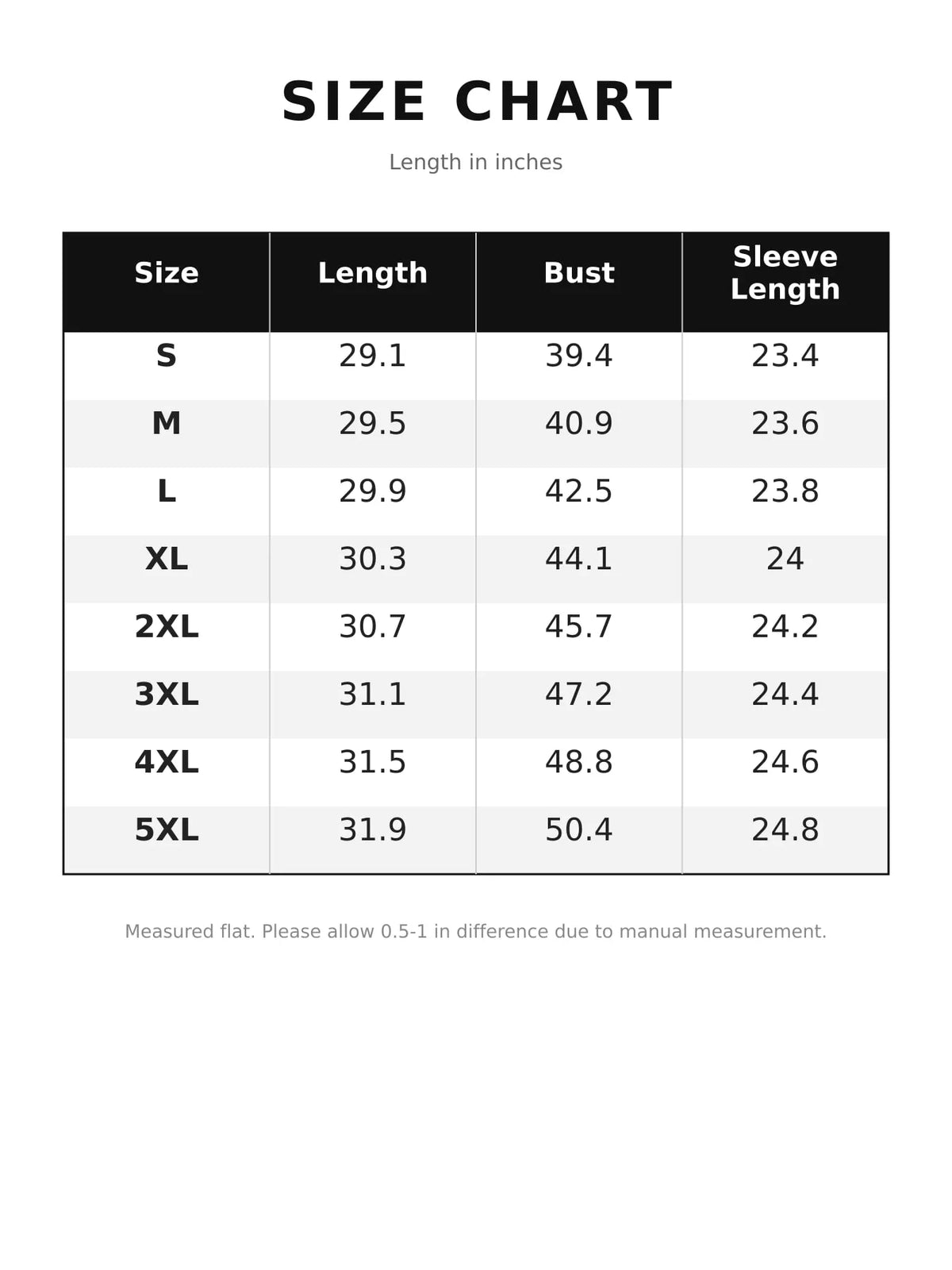 Size chart for fleece button-up hooded jacket with curved high-low hem