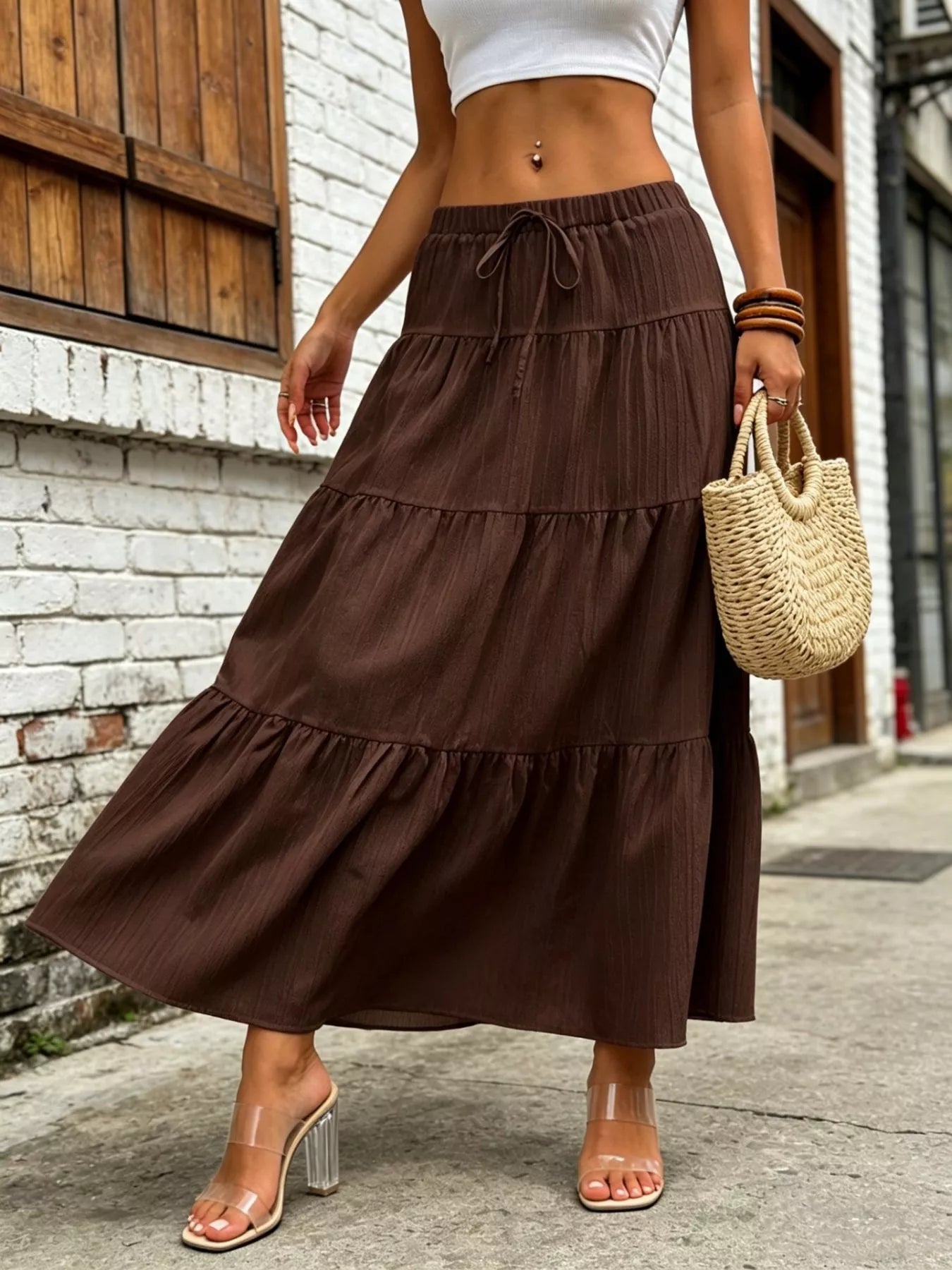 Trendsi Tiered Maxi Skirt with Drawstring Waist -