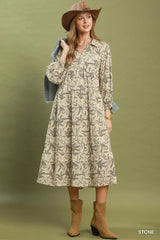 Trendsi Umgee Linen Botanical Print Tiered Midi Dress -