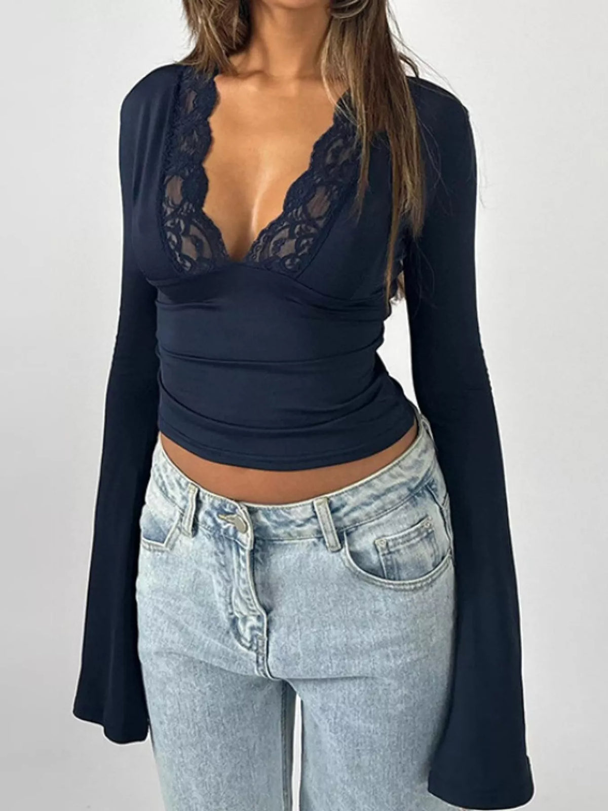Royal Blue lace trim v-neck long sleeve slim fit t-shirt