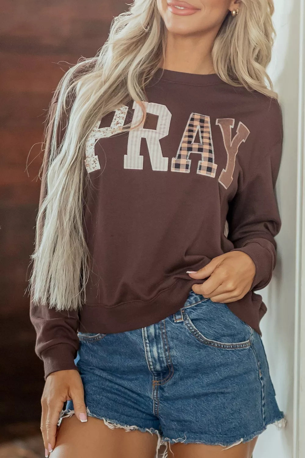 Trendsi Plaid 'PRAY' Crew Neck Sweatshirt -
