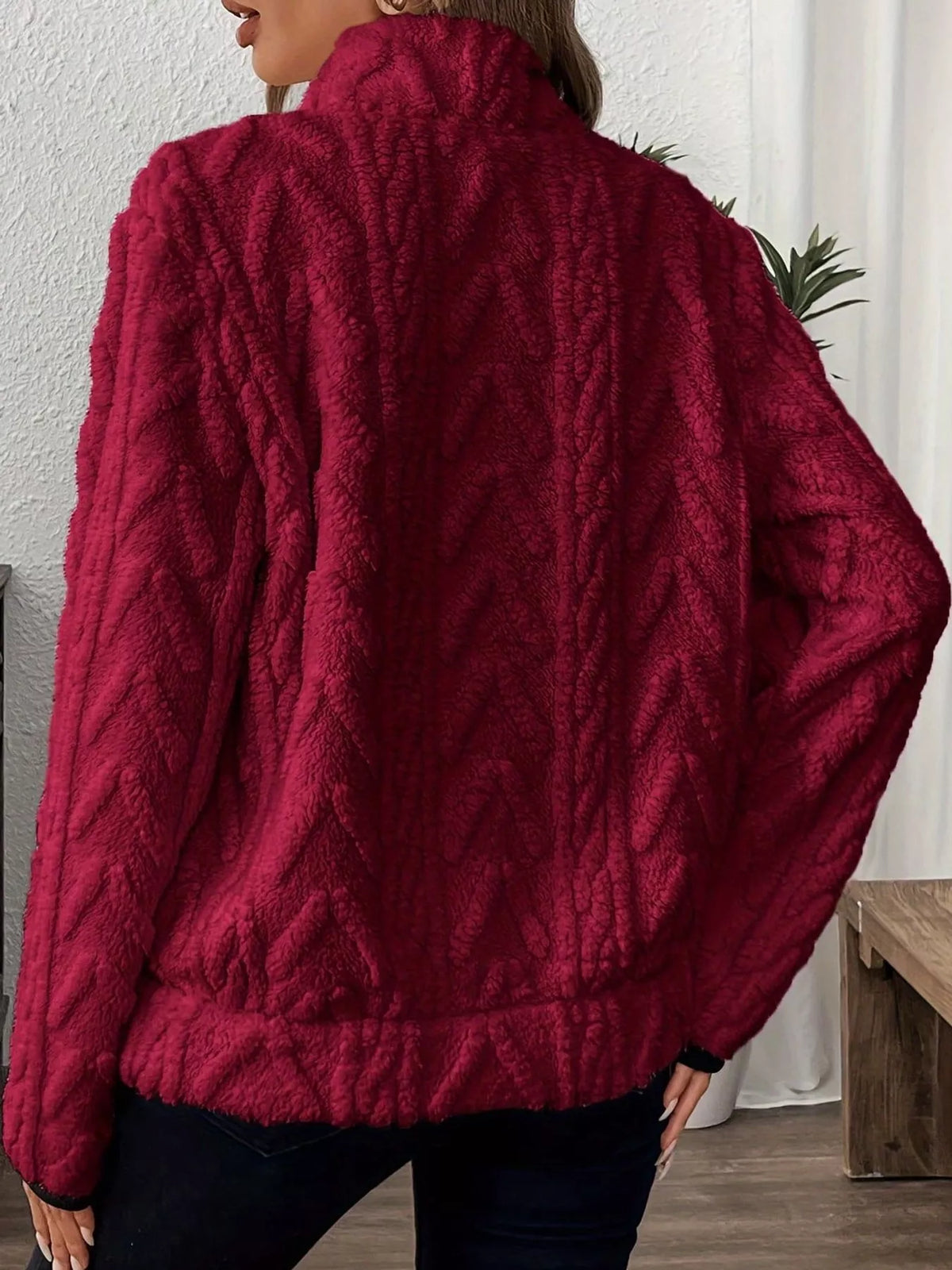 Women's Quarter-Zip Sherpa Sweatshirt in burgundy — back view