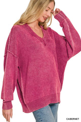 Trendsi Zenana Washed Deep V-neck Oversized Sweater -