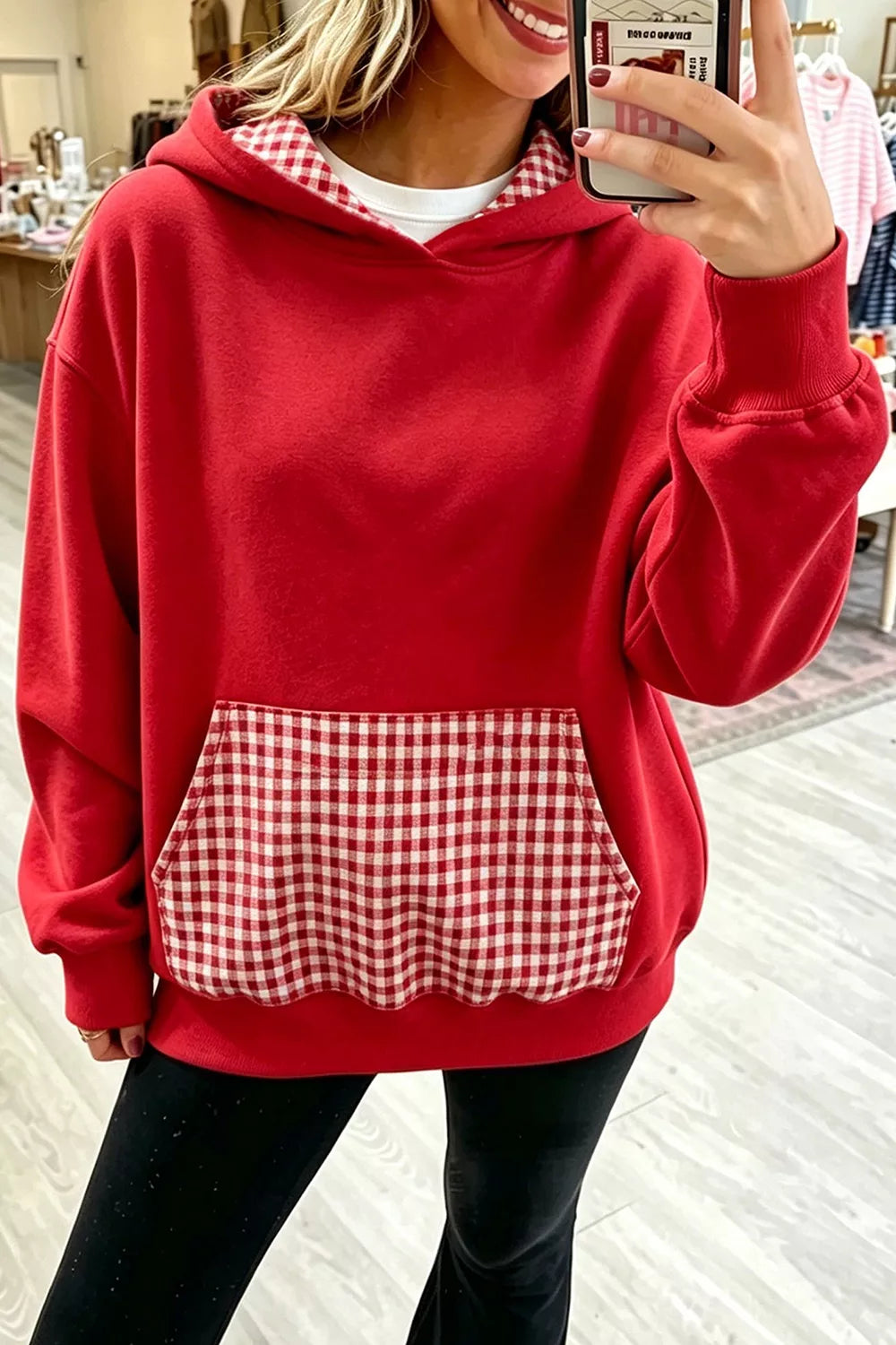 Plaid Patchwork Front Pocket Hoodie — front view