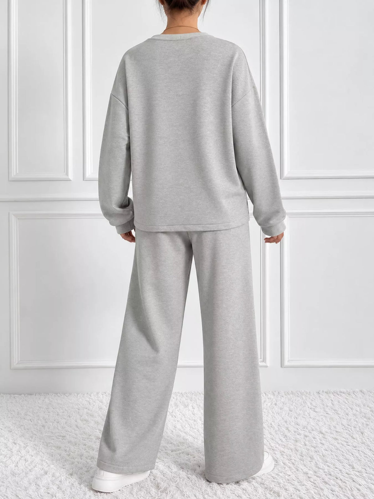 Light gray oversized sweatshirt and wide-leg pants set — back view
