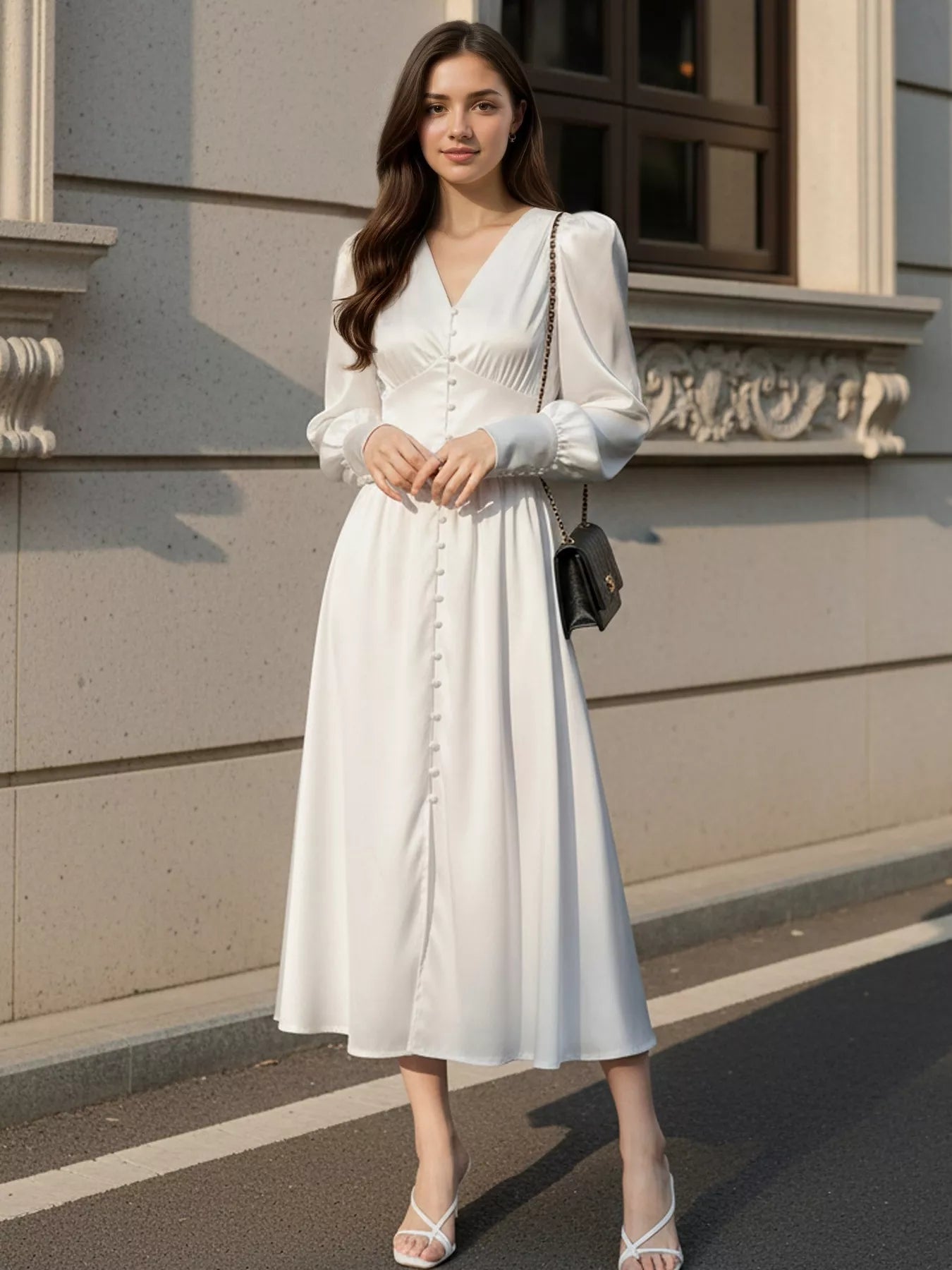 Trendsi V-Neck Lantern Sleeve Midi Dress -