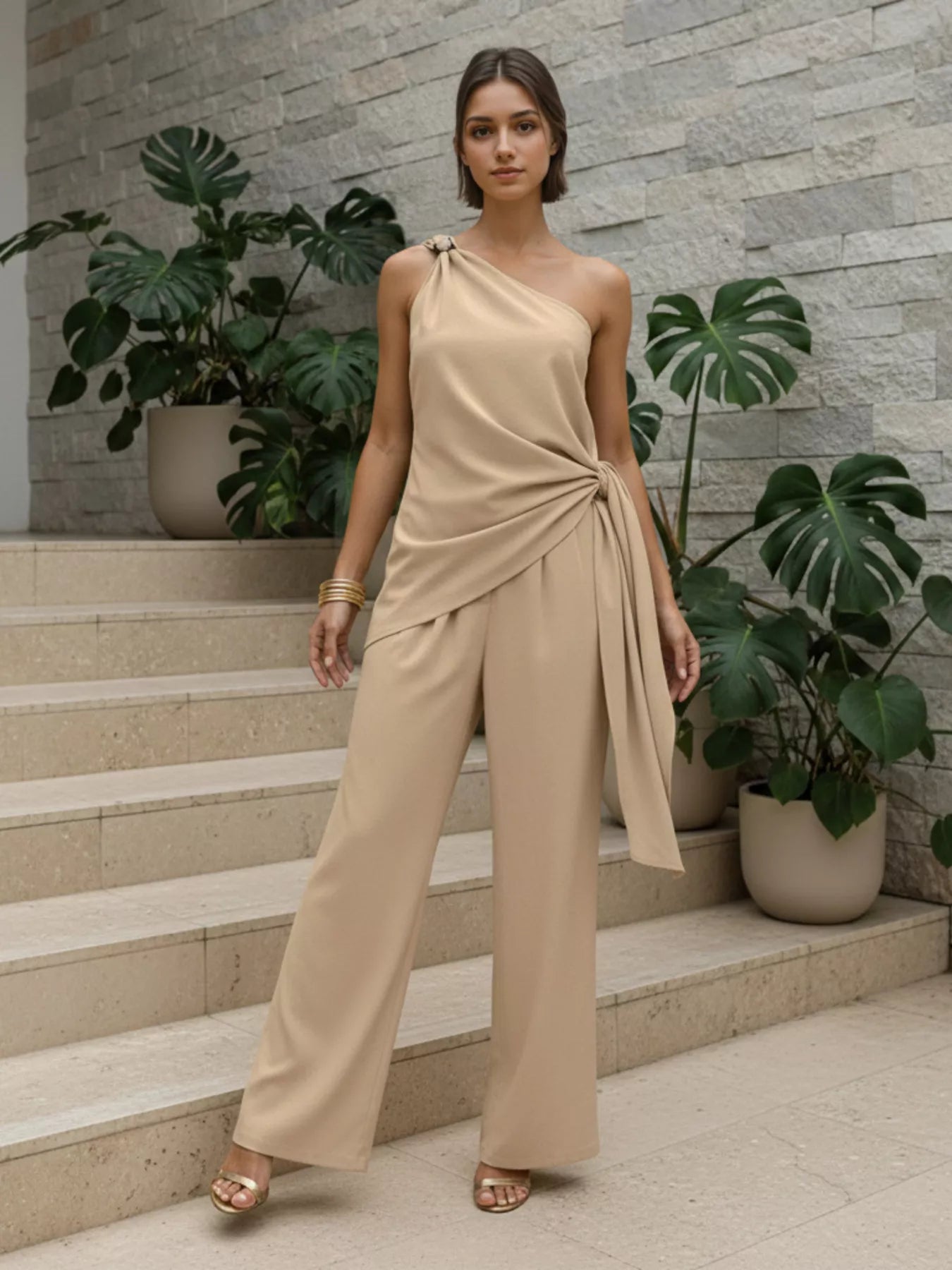 Trendsi One-Shoulder Tie-Waist Top and Wide-Leg Pants Set -