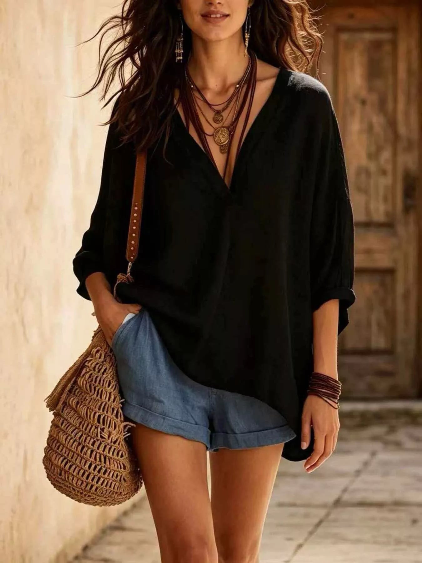 Trendsi Full Size V-Neck Loose Fit Linen Blend Blouse Plus Size -