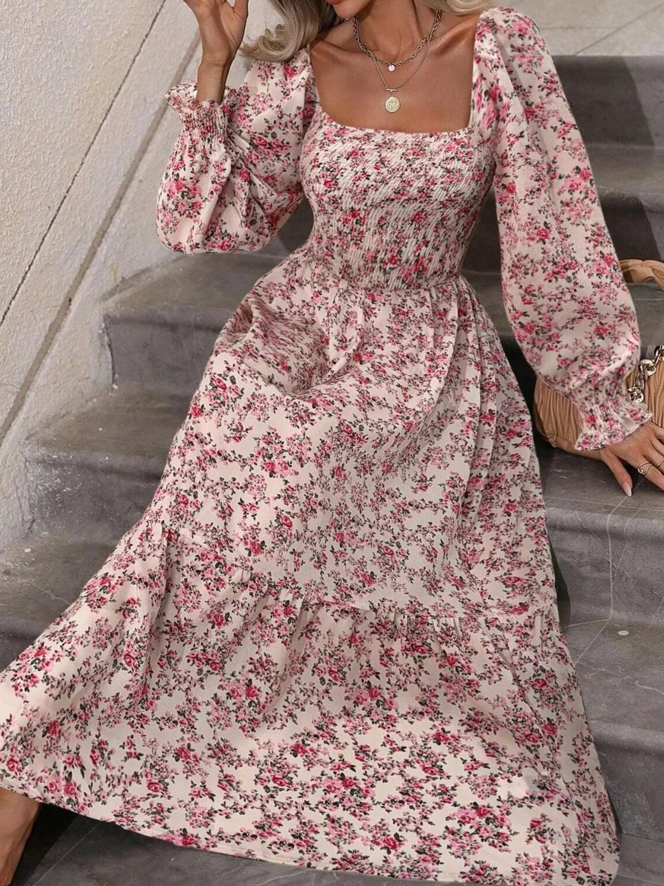 Trendsi Floral Print Square Neck Smocked Midi Dress -