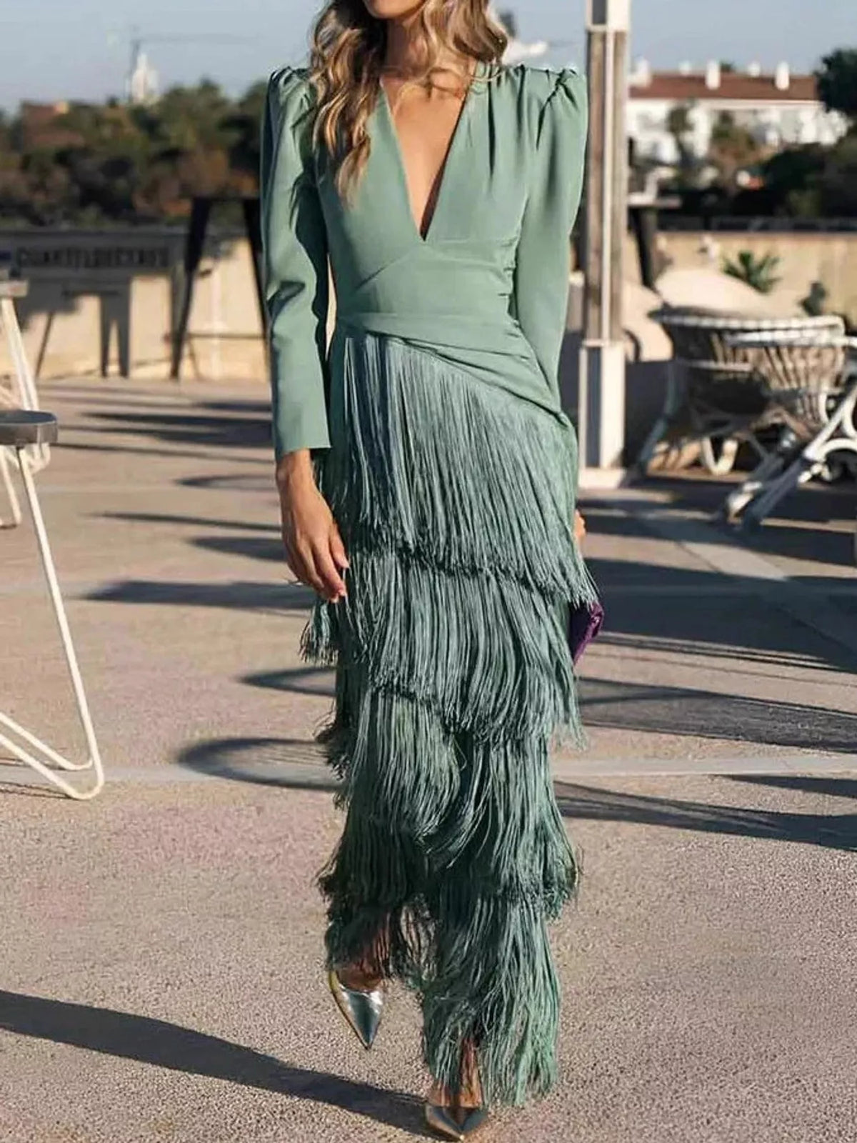 Women's Fringed V-Neck Puff Sleeve Midi Dress in sage — front view