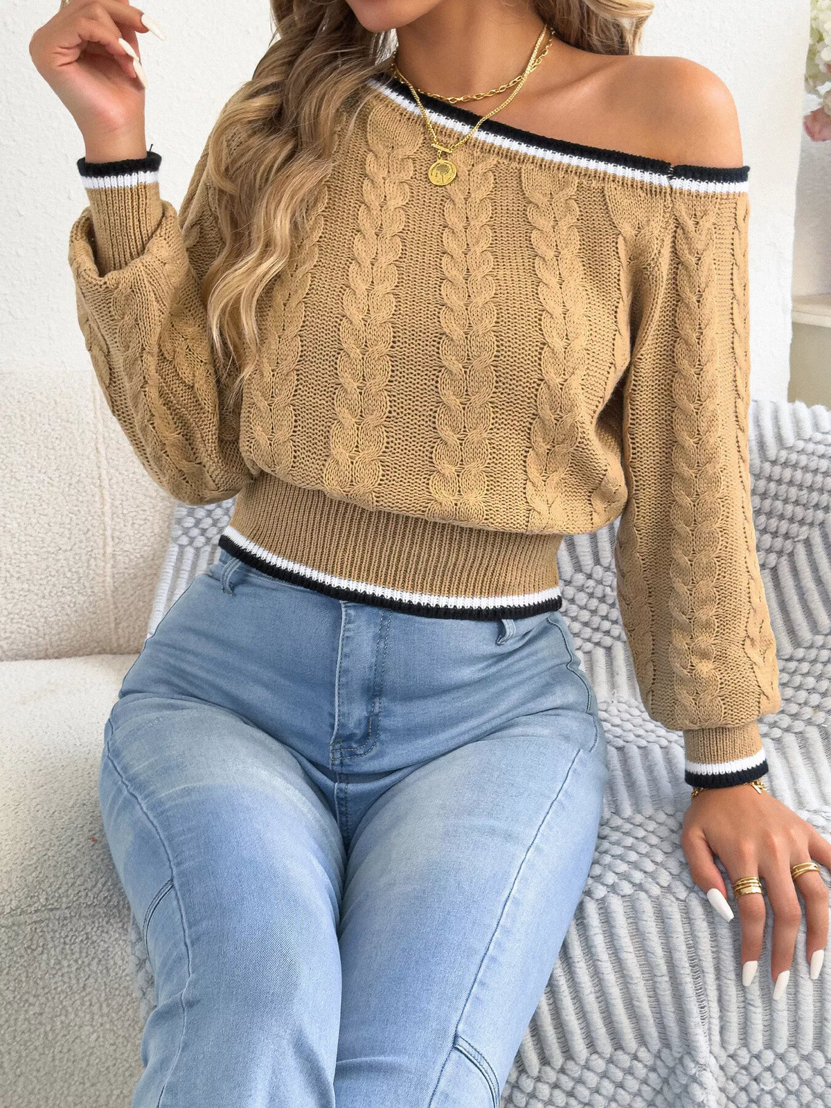 Khaki Color one-shoulder cable knit sweater with striped trim