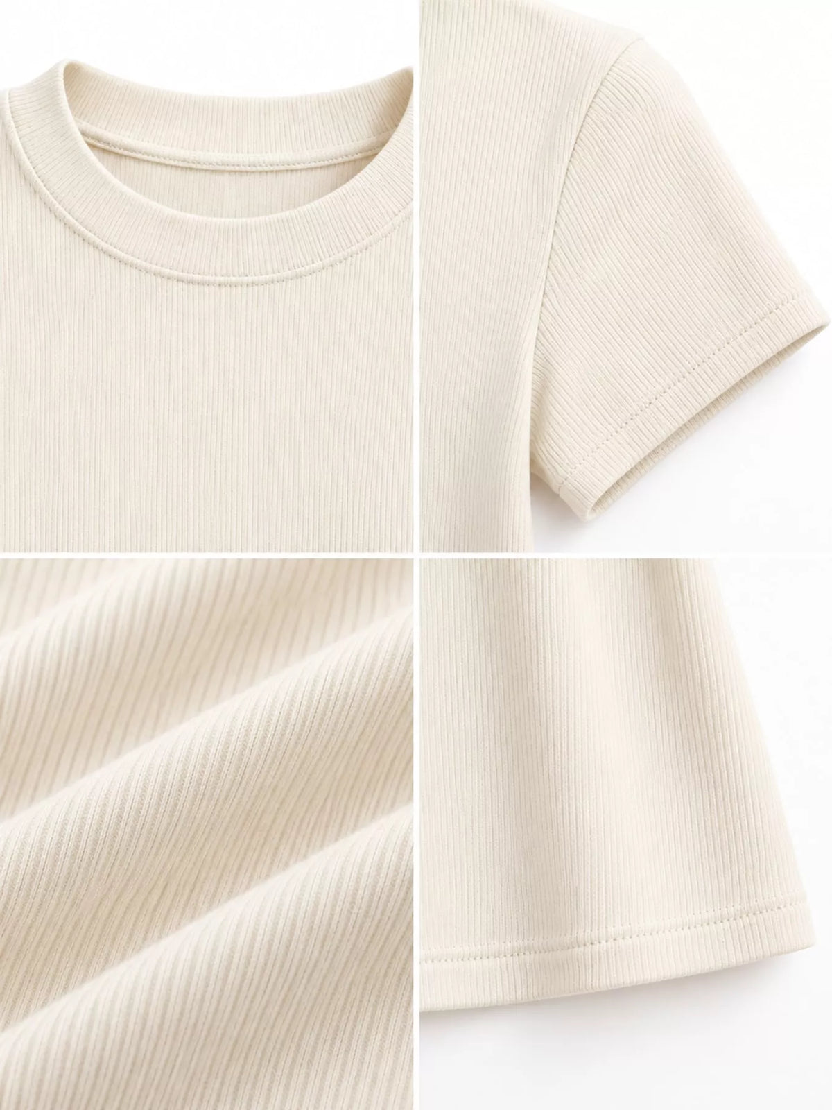 Cream slim-fit crew neck T-shirt, neckline, sleeve and hem detail collage