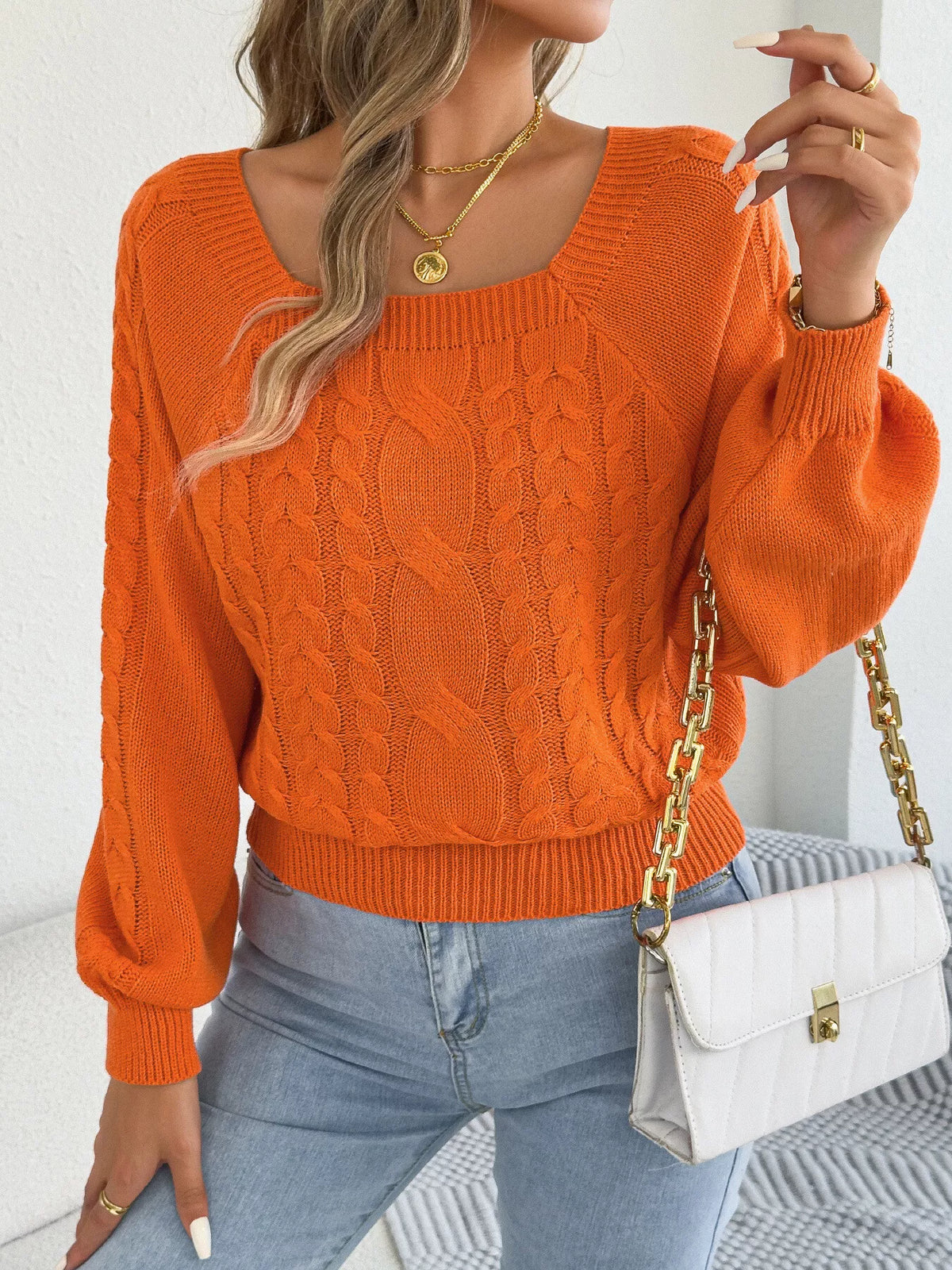 Orange square neck cable knit sweater