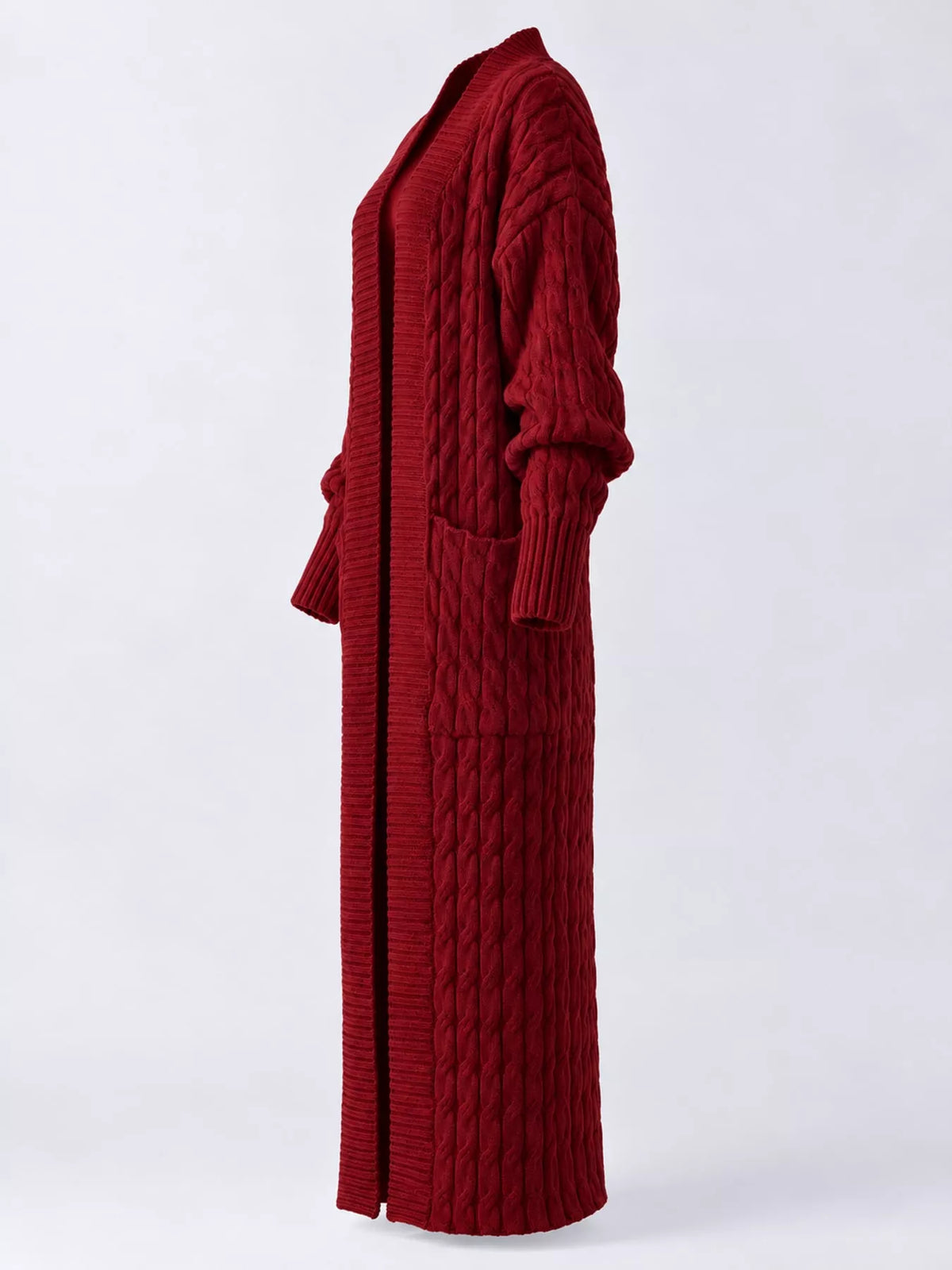 Dark Red cable-knit longline open-front cardigan, back view