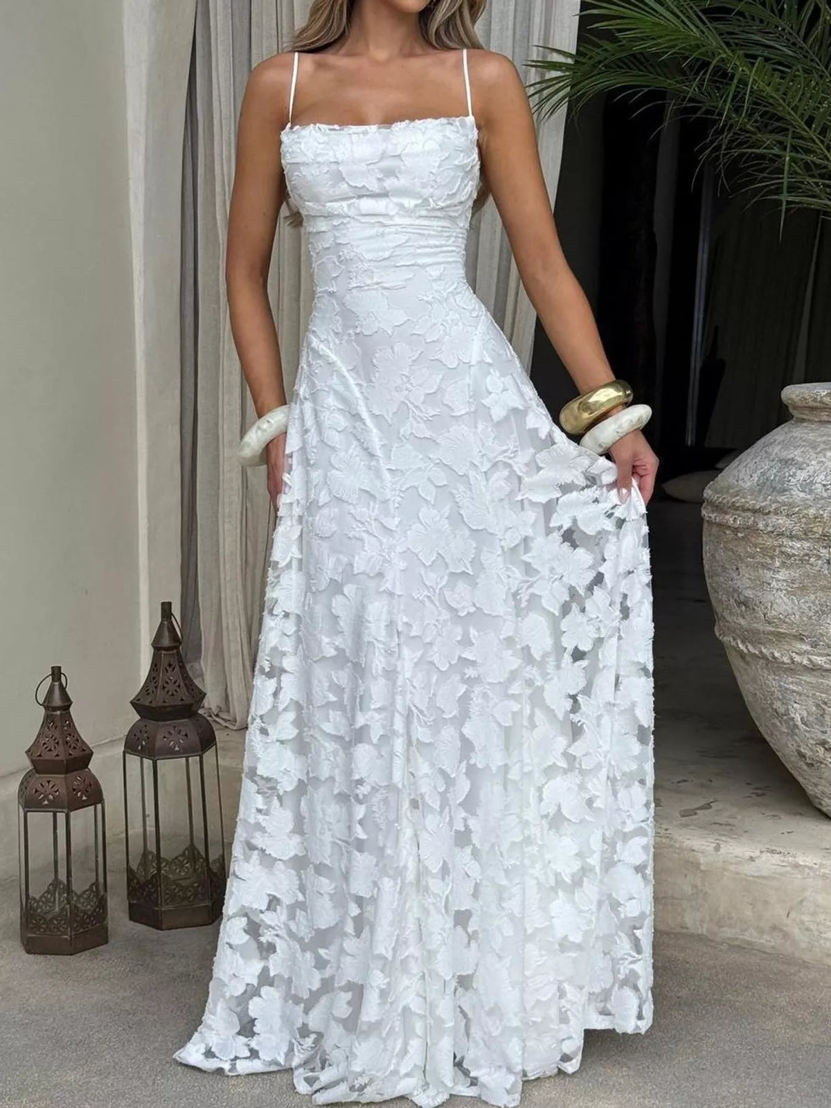 White backless lace maxi dress, front view
