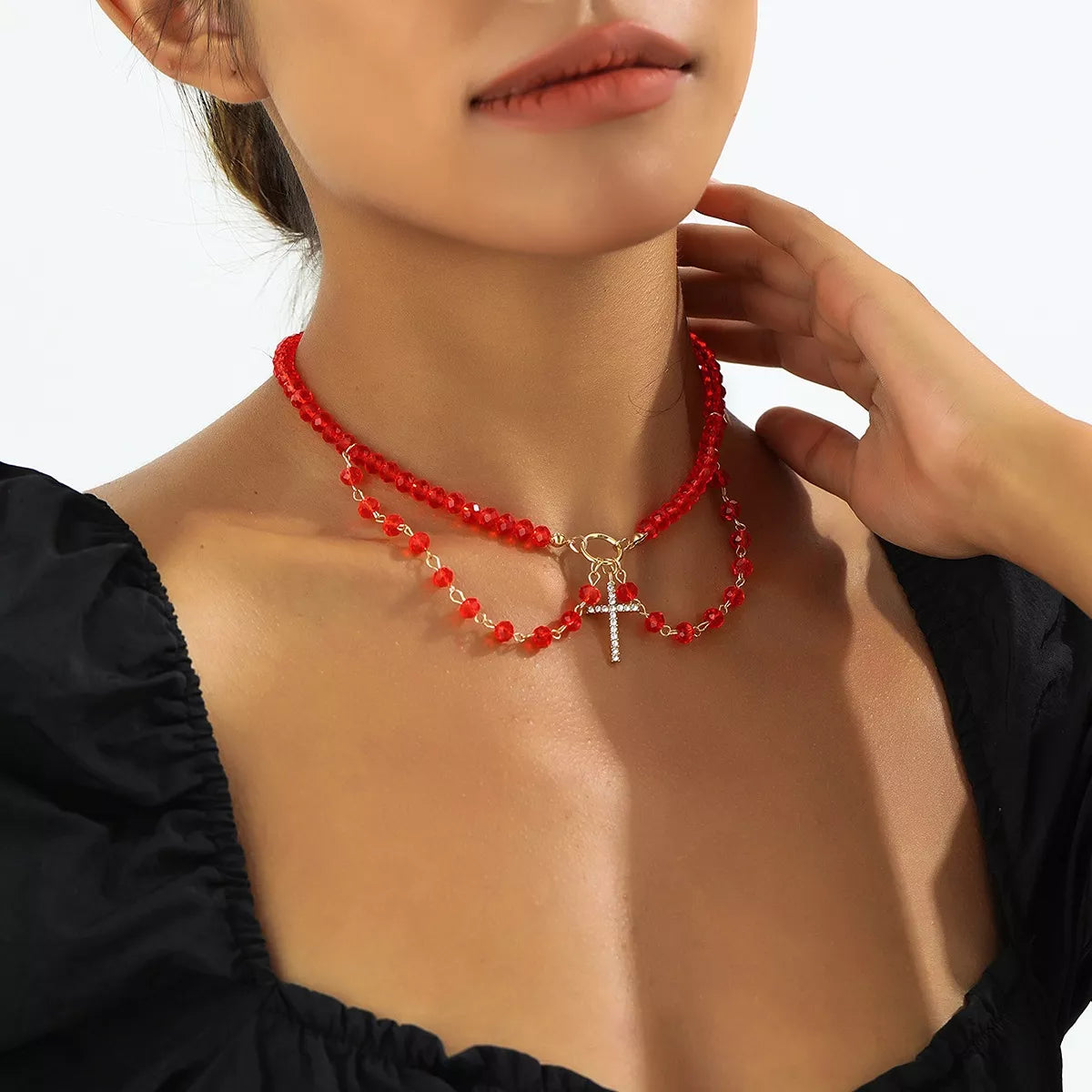 Trendsi Halloween Beaded Cross Pendant Necklace -
