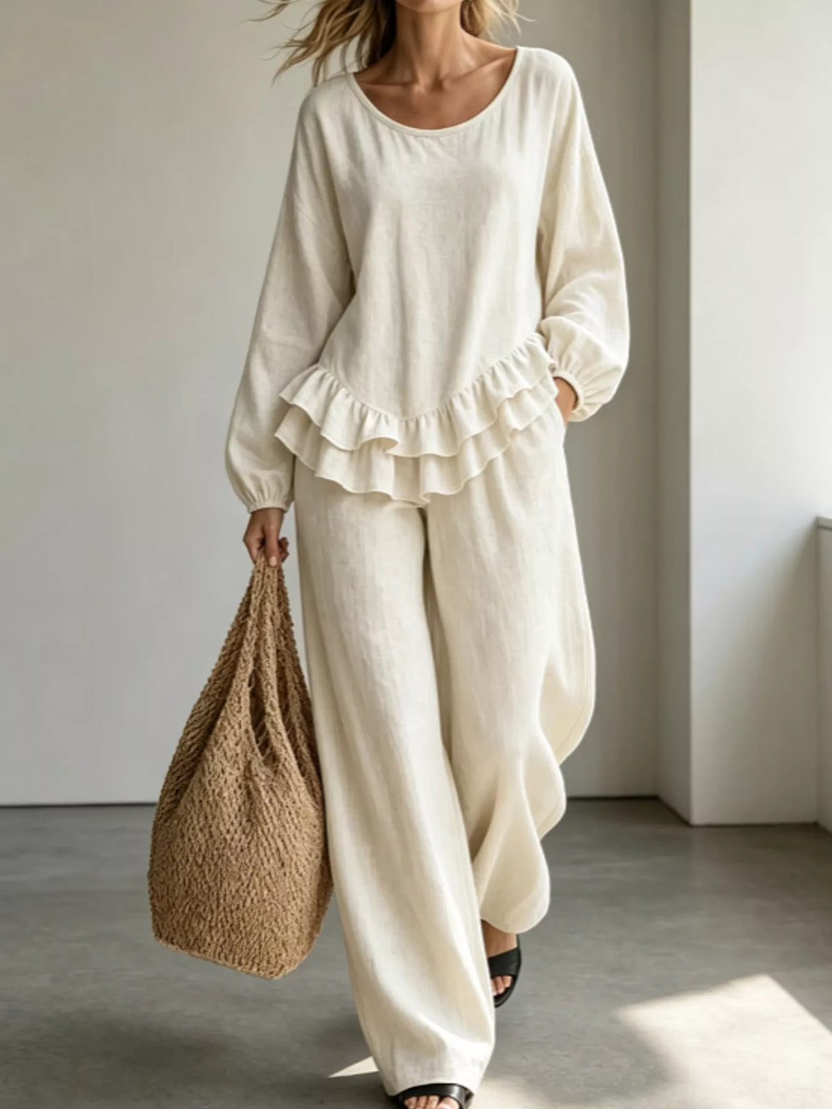 Ruffled Hem Long Sleeve Top and Pants Set — front view