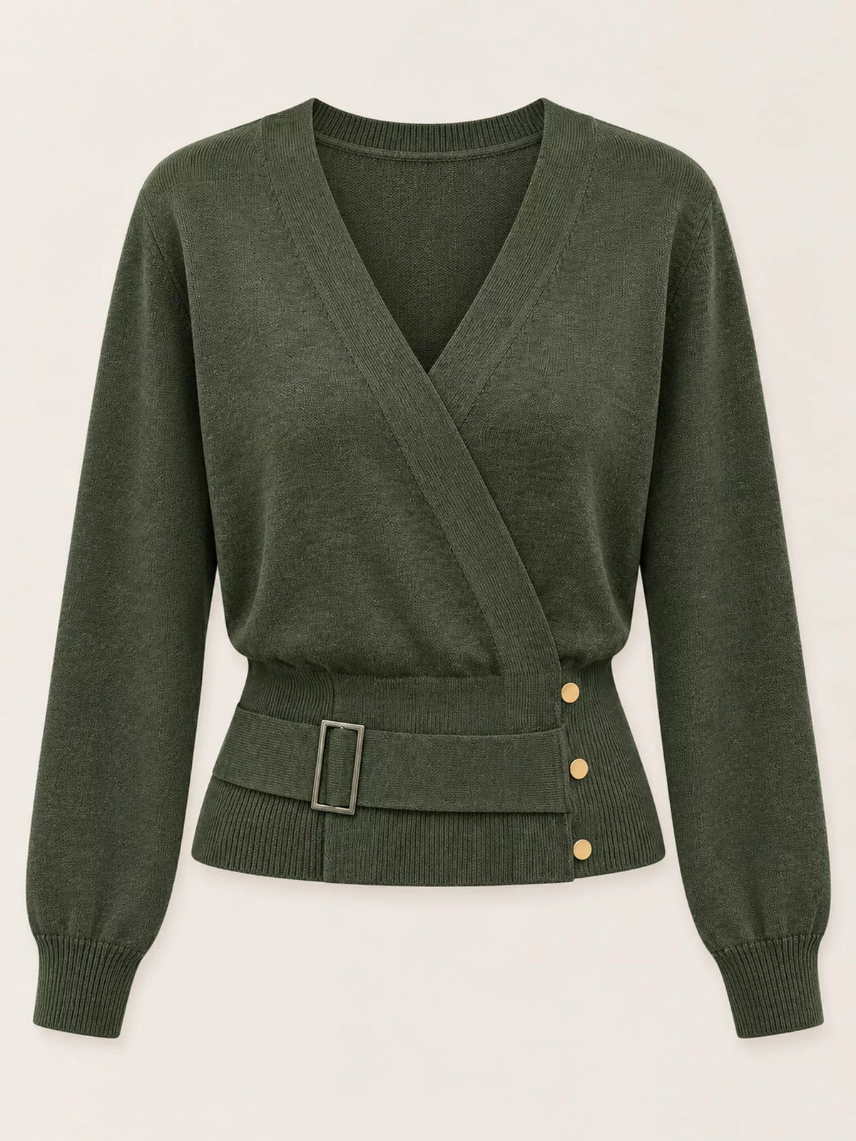 Surplice knit top, olive flat lay