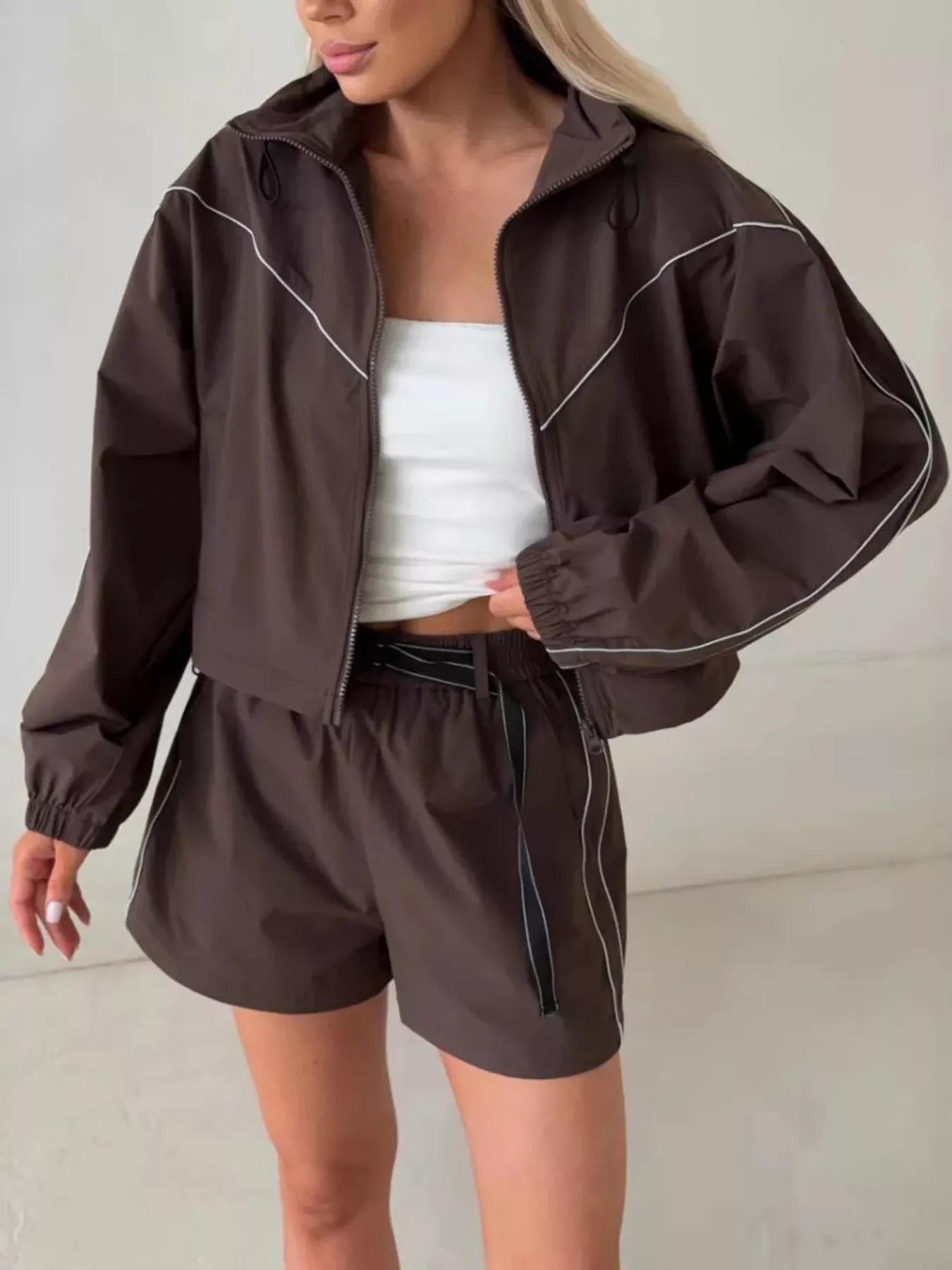 Trendsi Drawstring Zip-Up Jacket and Shorts Set -