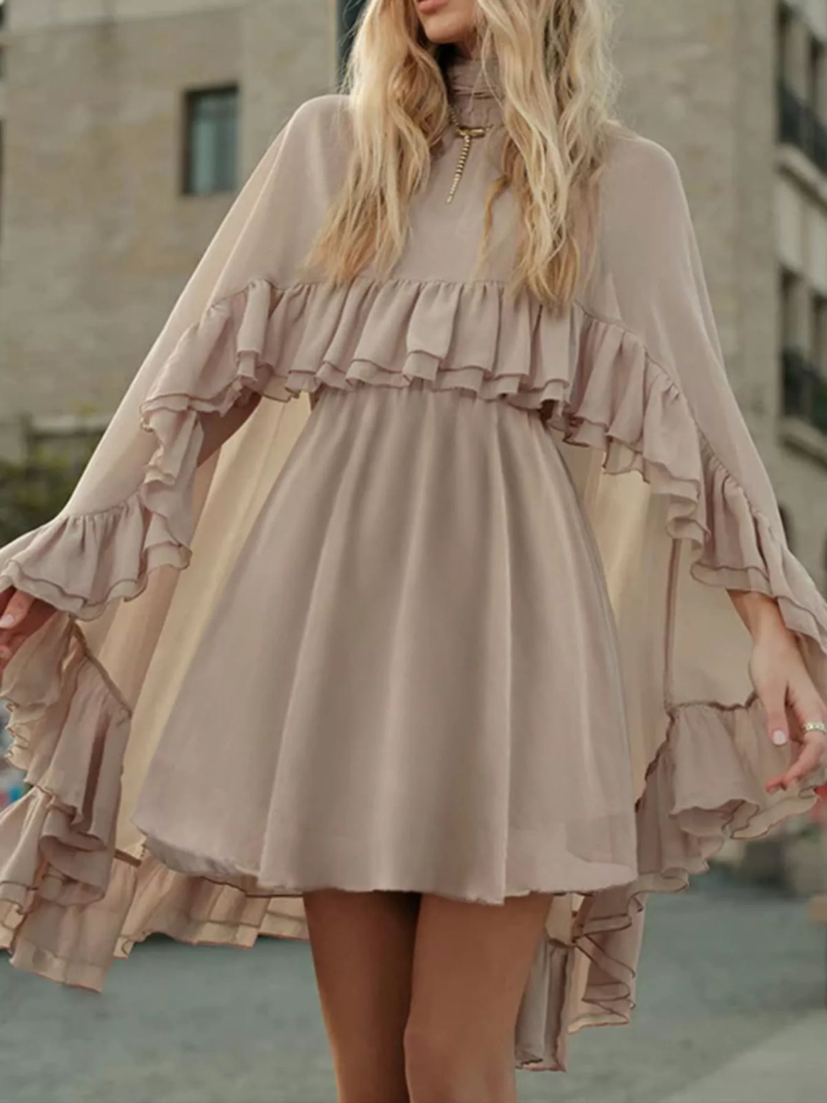 Beige ruffled cape and cami dress set, front view