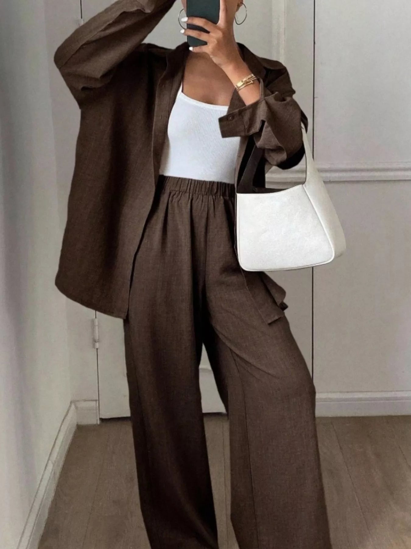 Trendsi Button Up Long Sleeve Shirt and Wide Leg Pants Set -