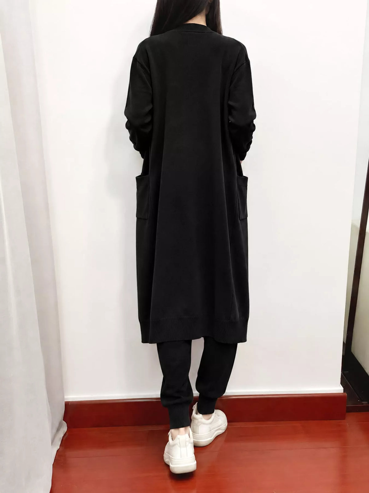 Sleeveless Top and Drawstring Joggers Sweater Set with Long Cardigan — back view