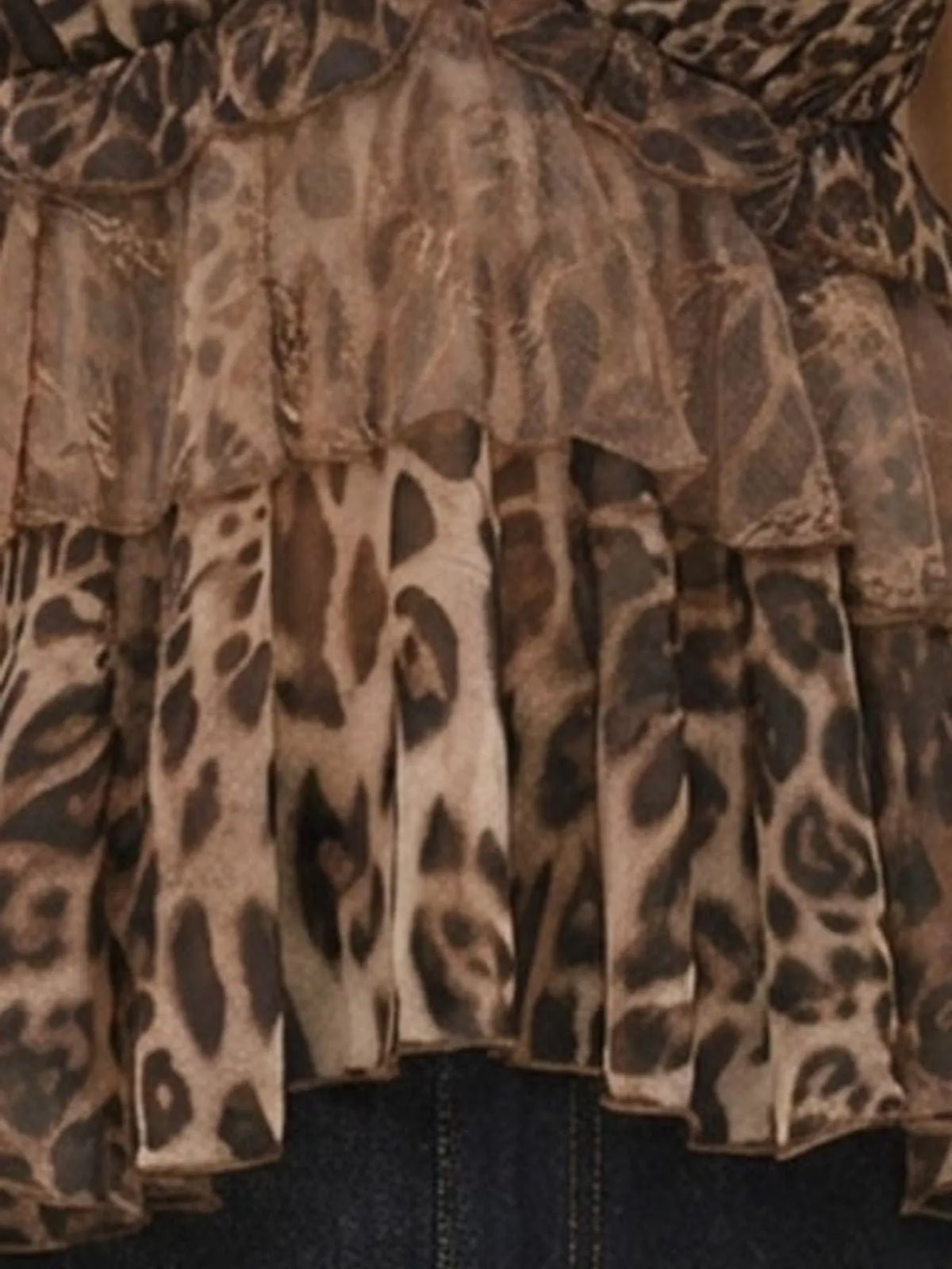 Brown leopard print ruffled lace trim cami, layered ruffles and lace detail