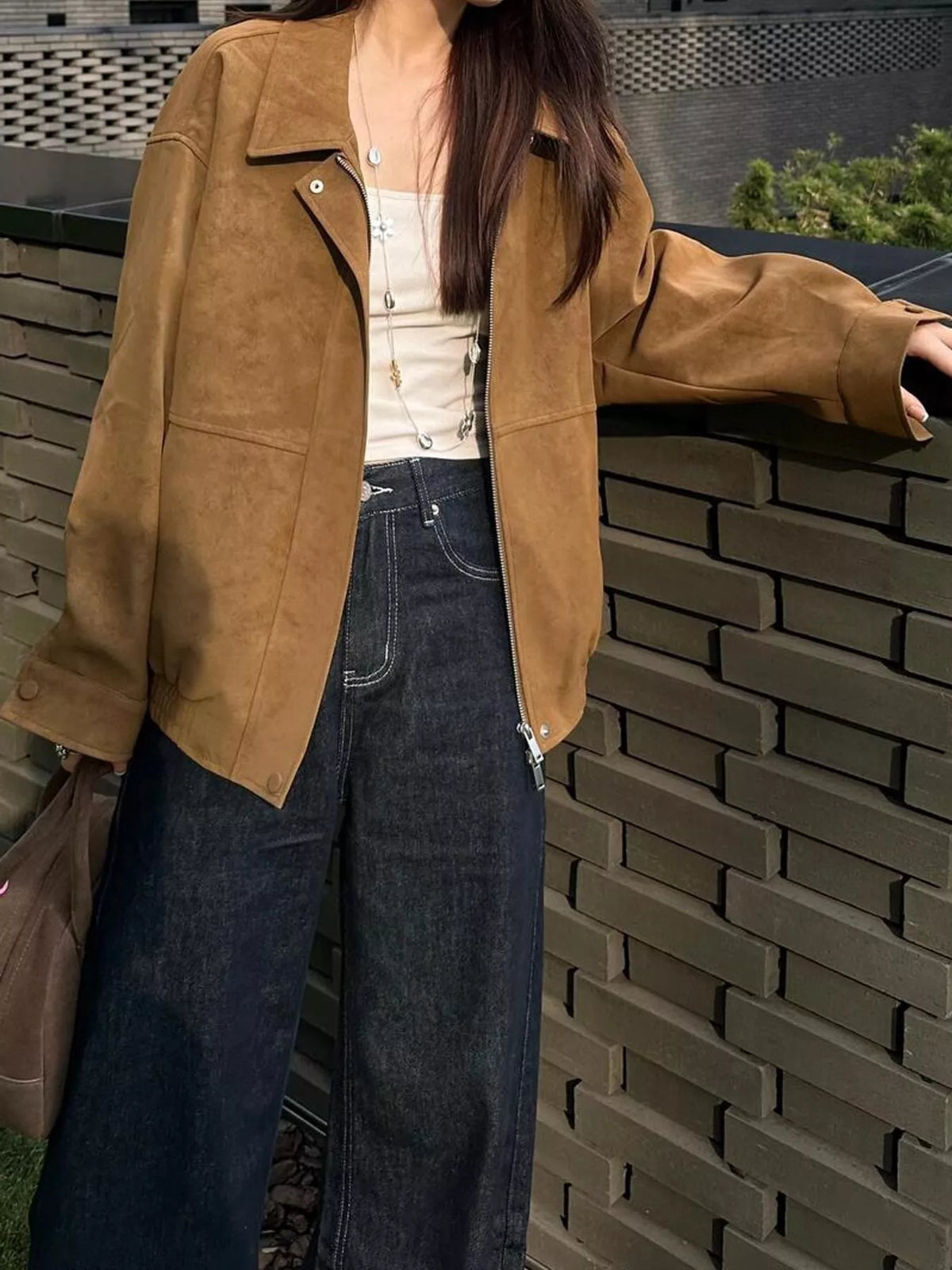 Zip-Up Elastic Hem Jacket — front view