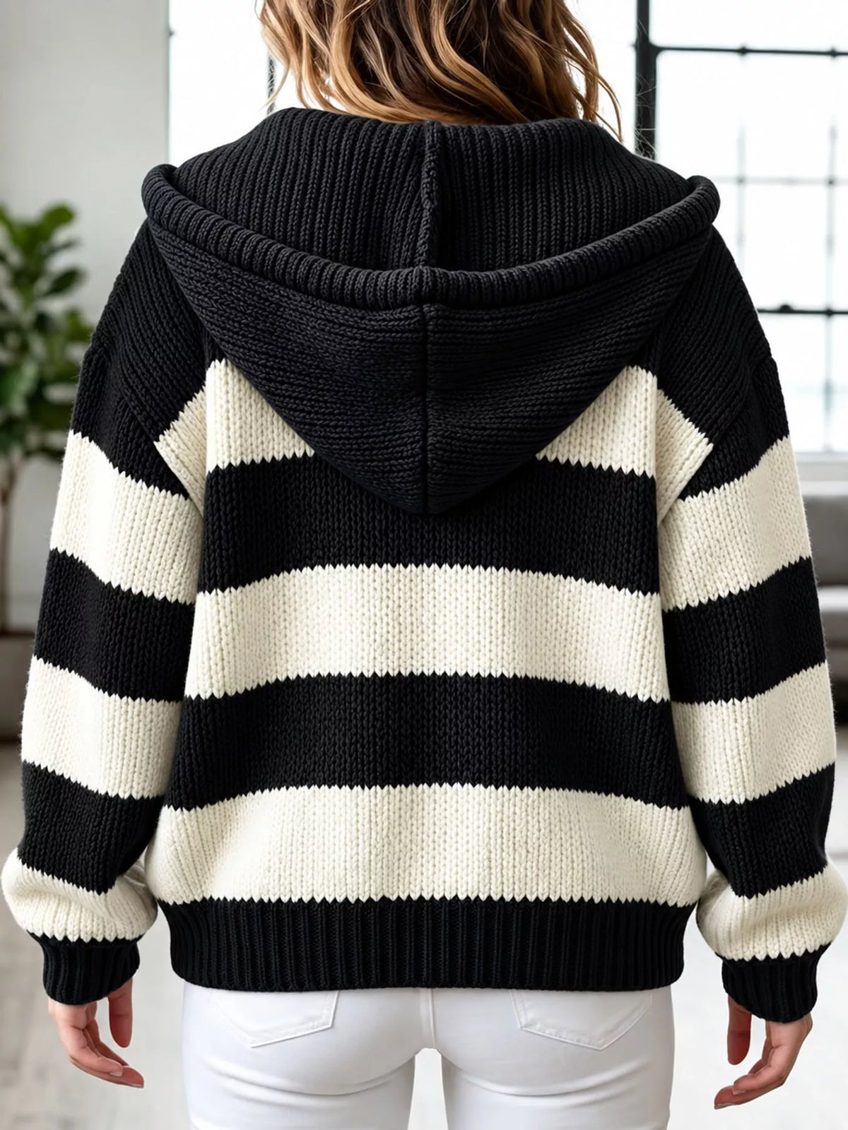 Hooded long sleeve cardigan, back view