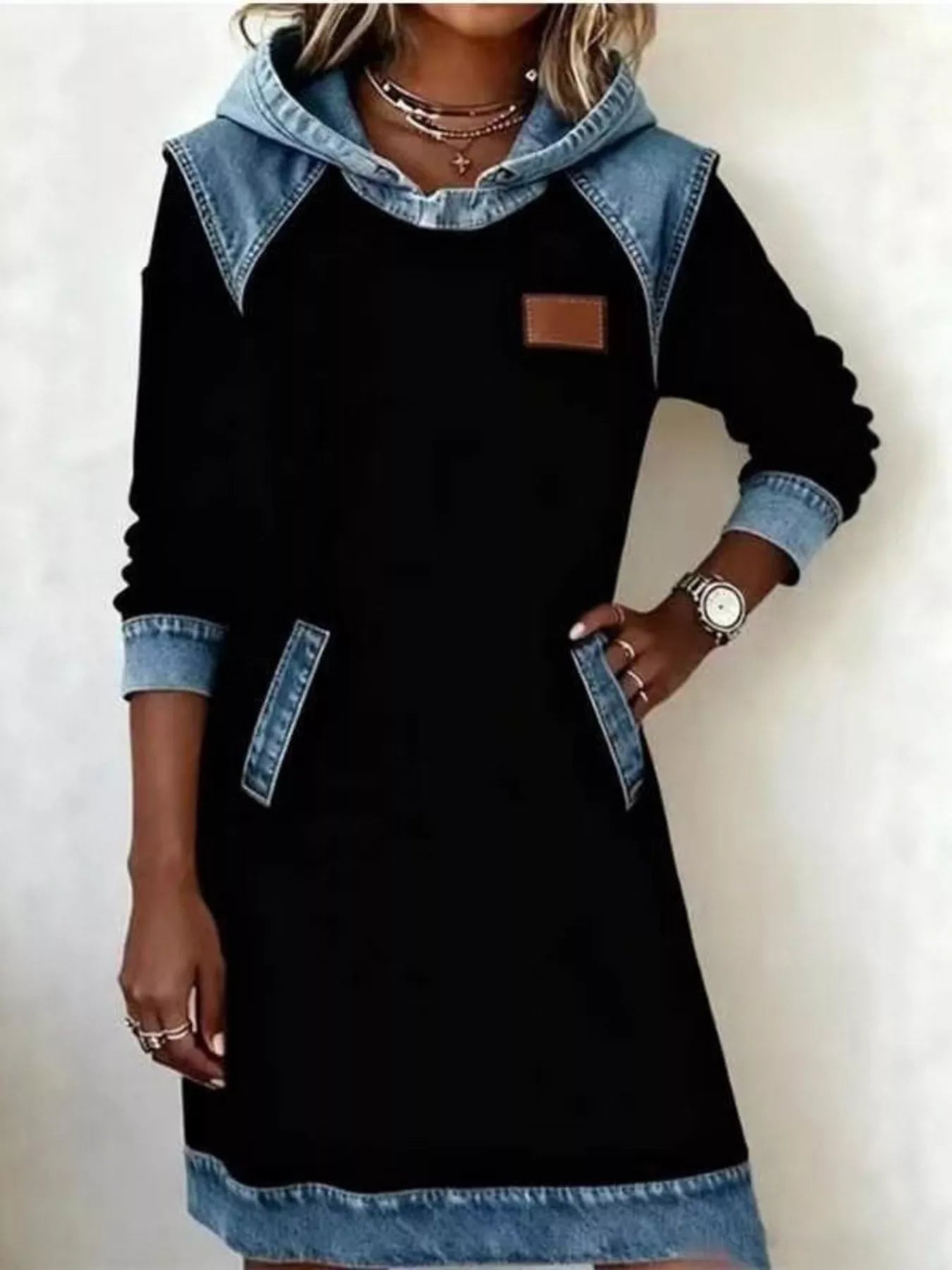 Trendsi Full Size Denim Patchwork Hooded Sweatshirt Dress Plus Size -