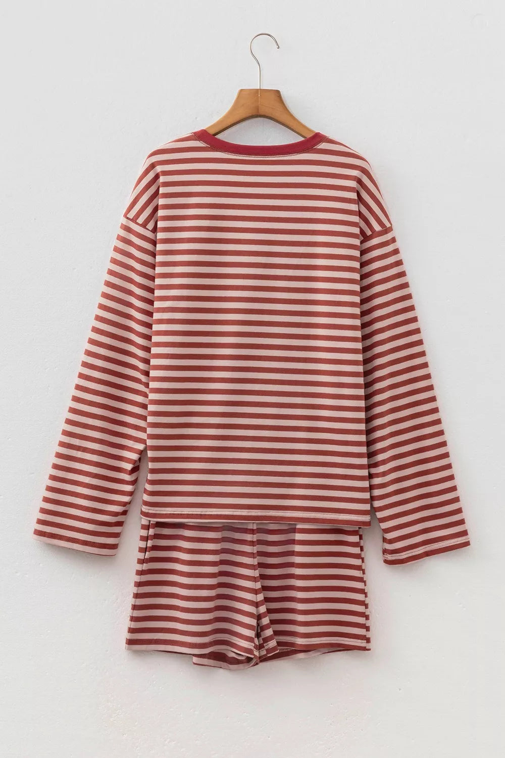 Women's dusty pink striped long sleeve top and shorts matching set